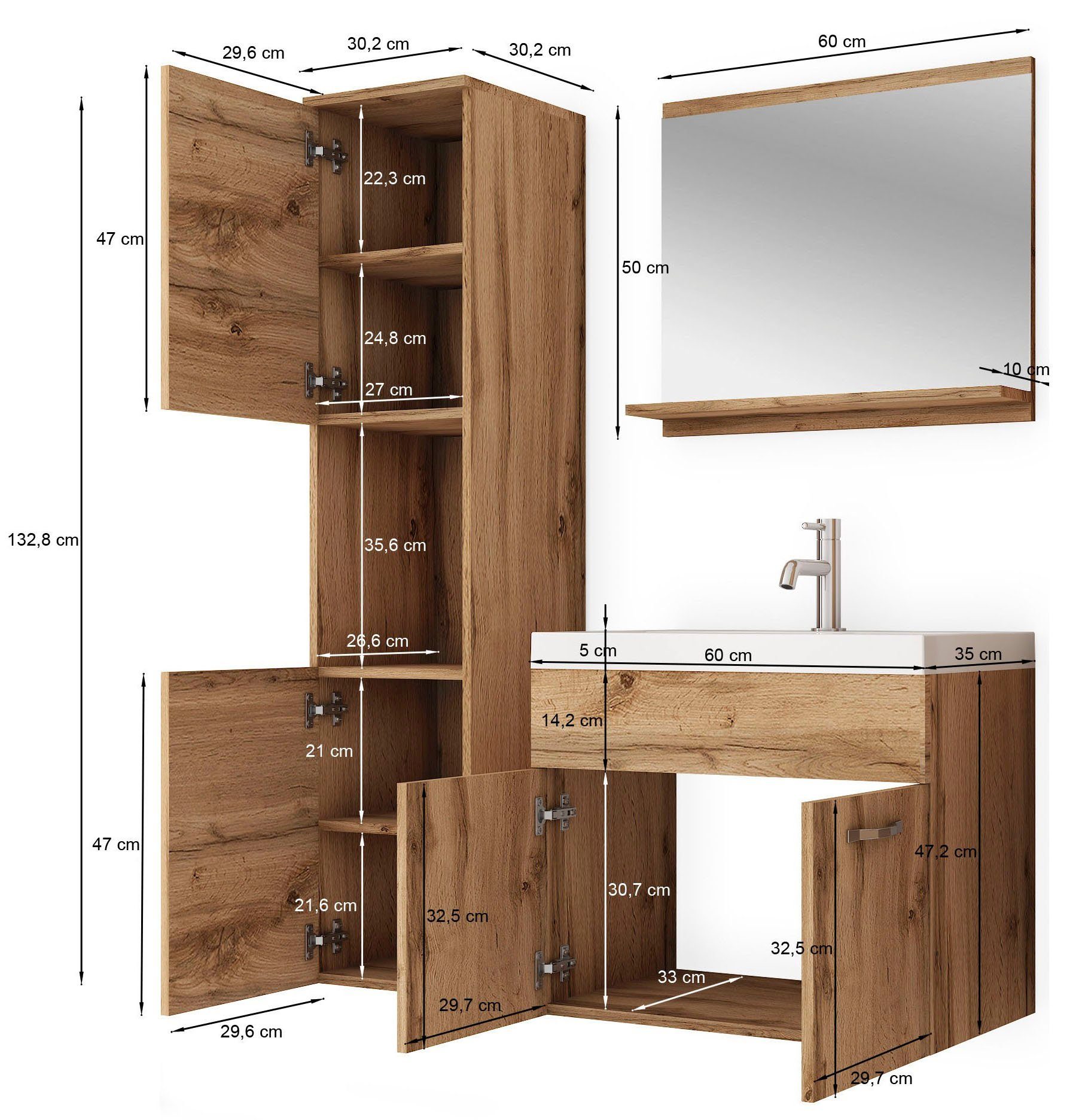 Waschbecken Unterschrank L / 60cm Weiß matt Lorca, Set Hochglanz Waschtisch welltime Badmöbel-Set Hochschrank Lorca Weiß