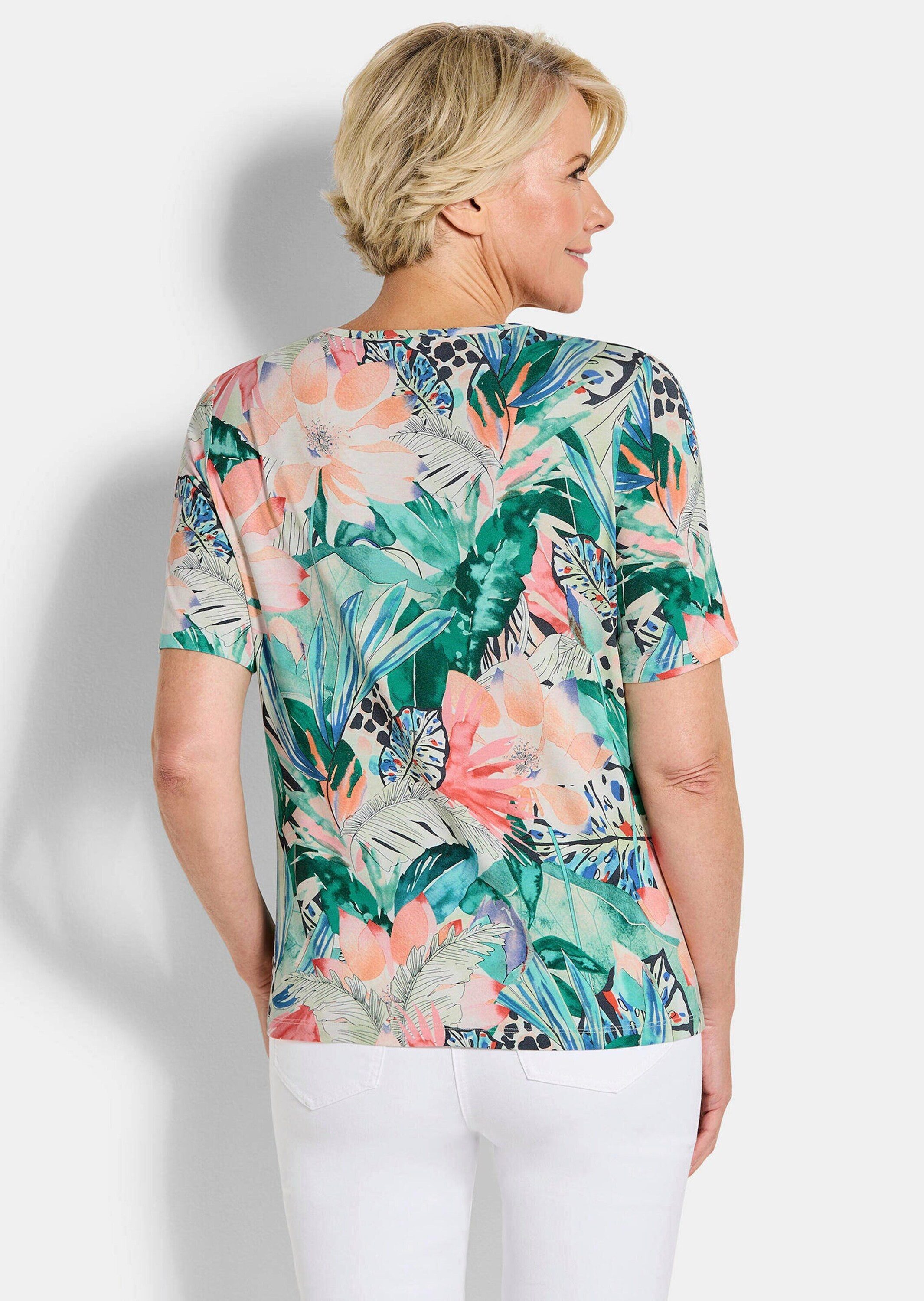 GOLDNER Print-Shirt Jerseyshirt mit Dschungel-Print Viskoseshirt mit Herzausschnitt und Halbarm