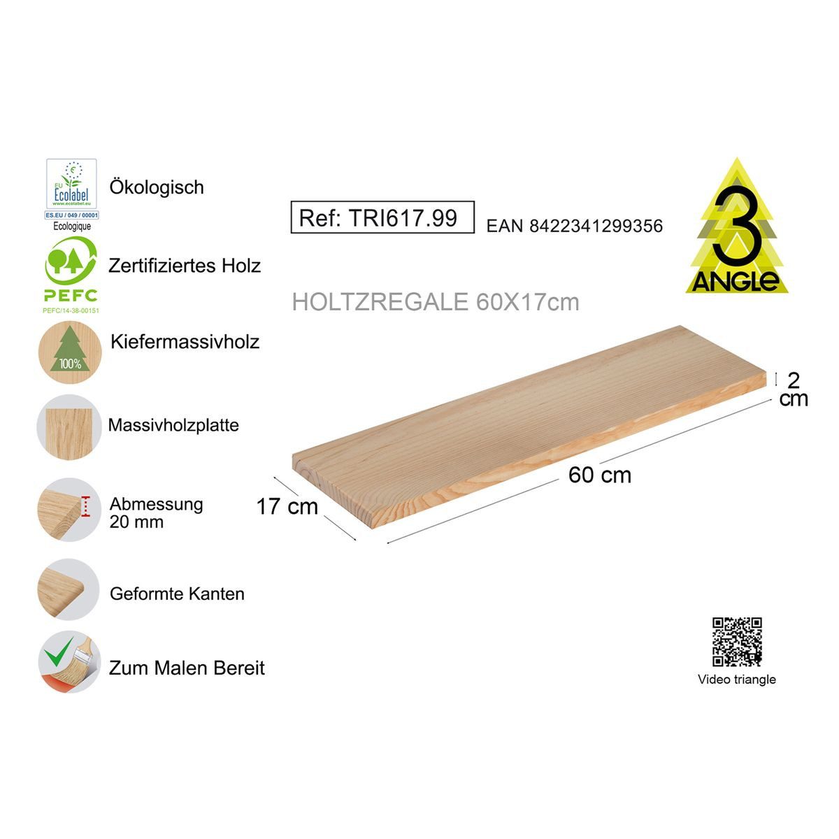 Astigarraga Kit Line Wandregal Triangel Regal Wandregal Holzregal verschiedene Größen, natürliche Optik, unbehandelt