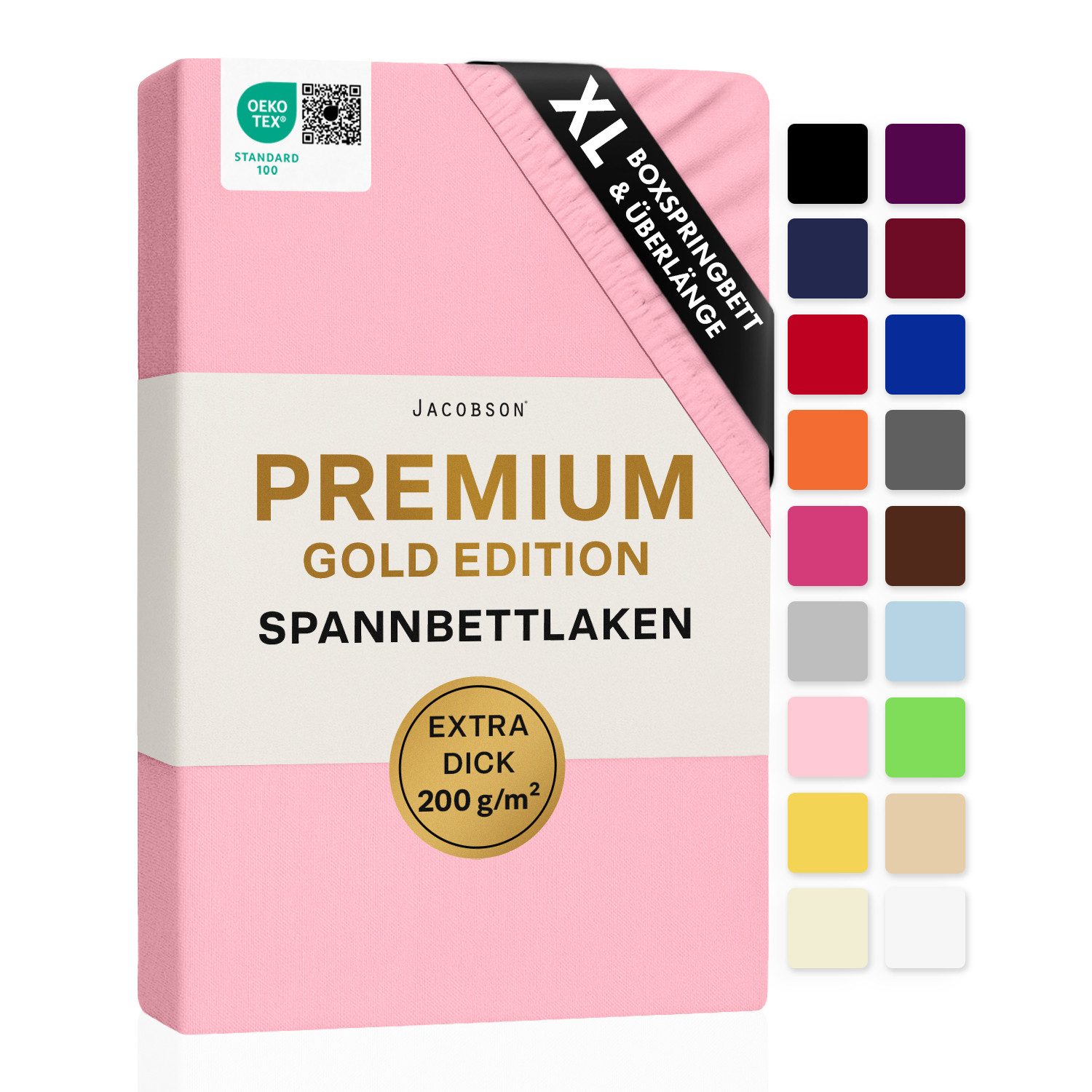 Jacobson Spannbettlaken PREMIUM für hohe Matratzen, Boxspringbett & Überlänge - 200 g/m², Stoffgewicht - straffer Sitz für maximalen Halt