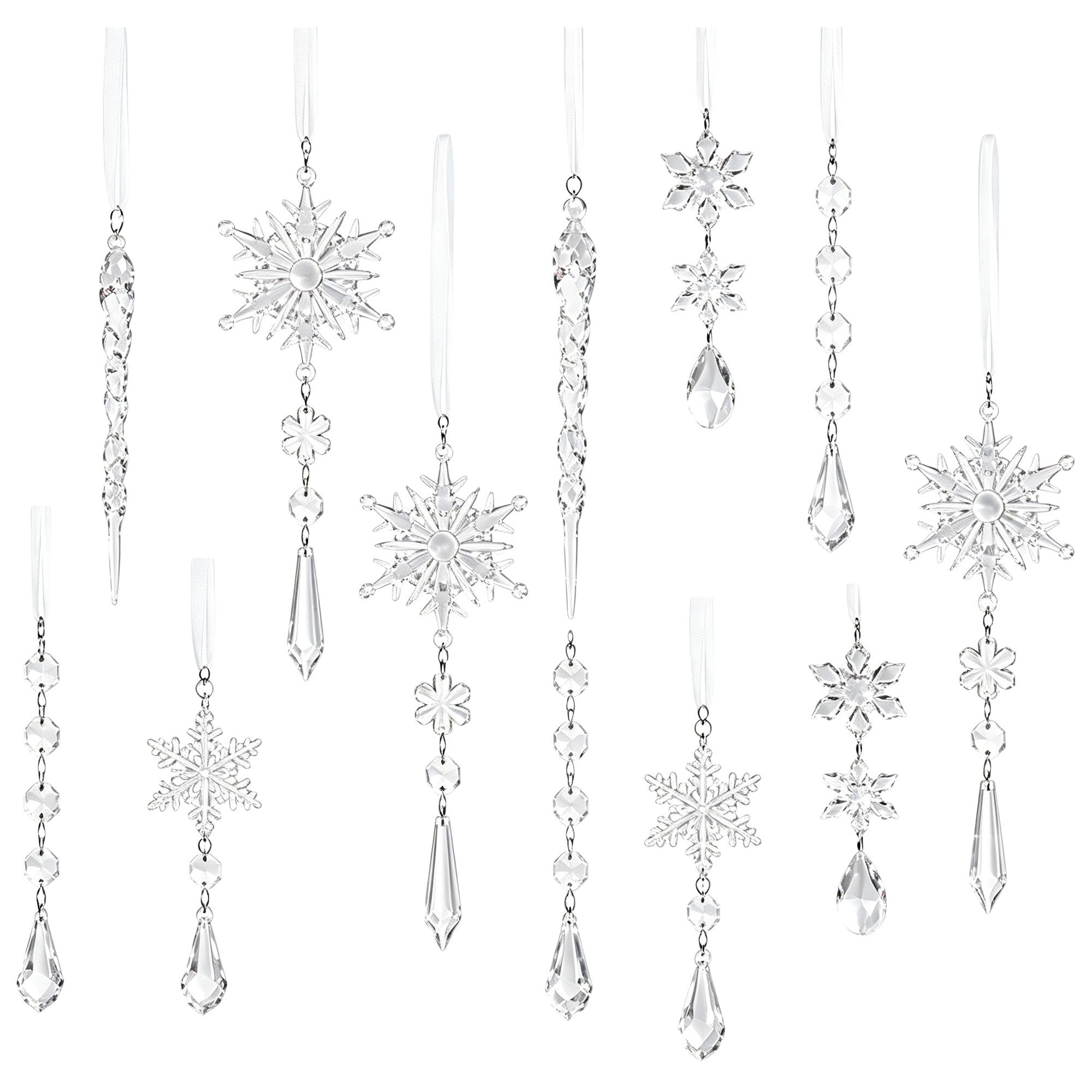 Bomiclss Christbaumschmuck Acryl Schneeflocken Eiszapfen Tropfen Hängedekoration (18-tlg), Ornamente für Weihnachtsbaum Winterfest und Party Deko