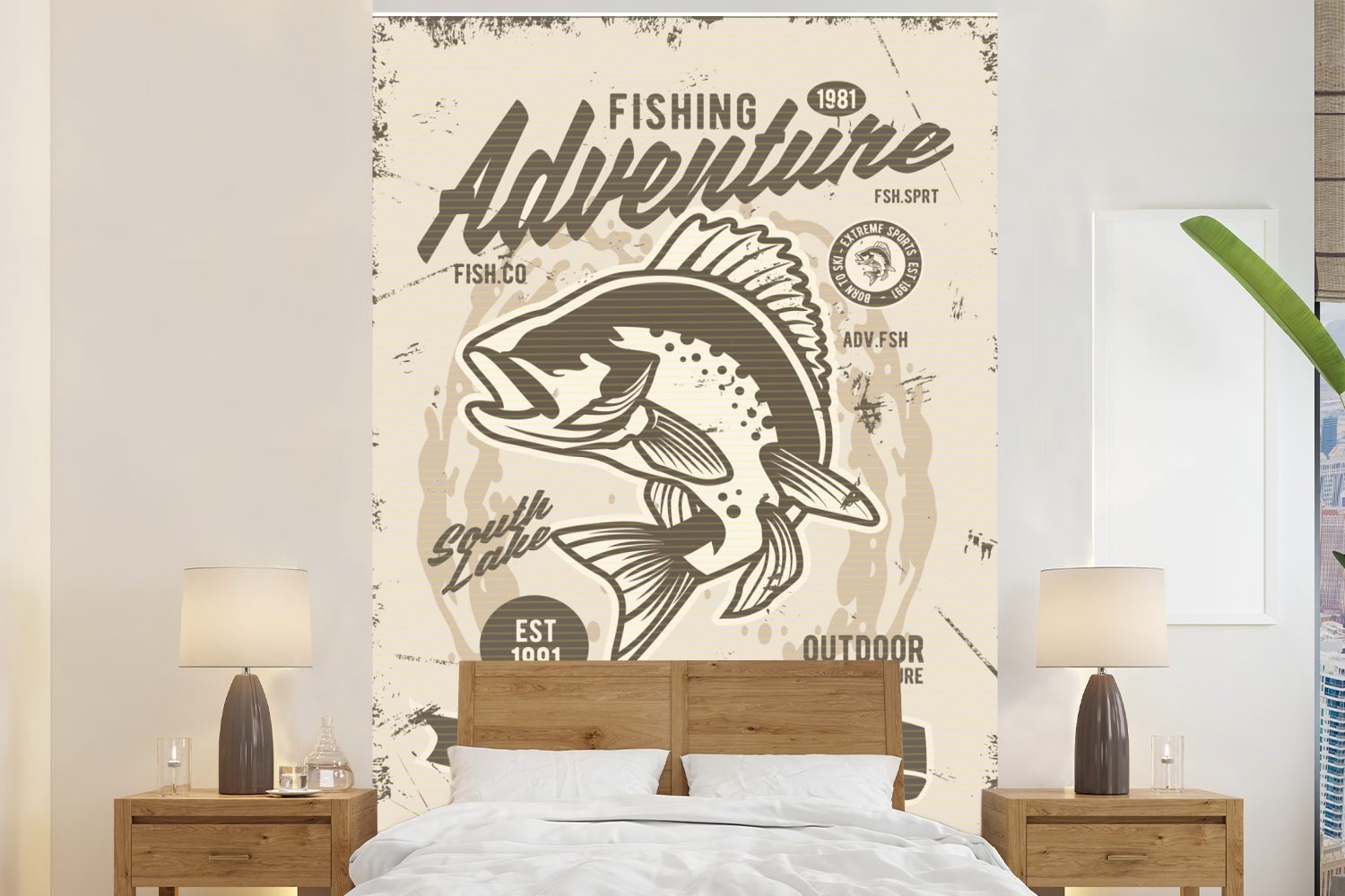 MuchoWow Fototapete Fische - Tiere - Zeichnung - Retro, Matt, bedruckt, (3 St), Montagefertig Vinyl Tapete für Wohnzimmer, Wandtapete
