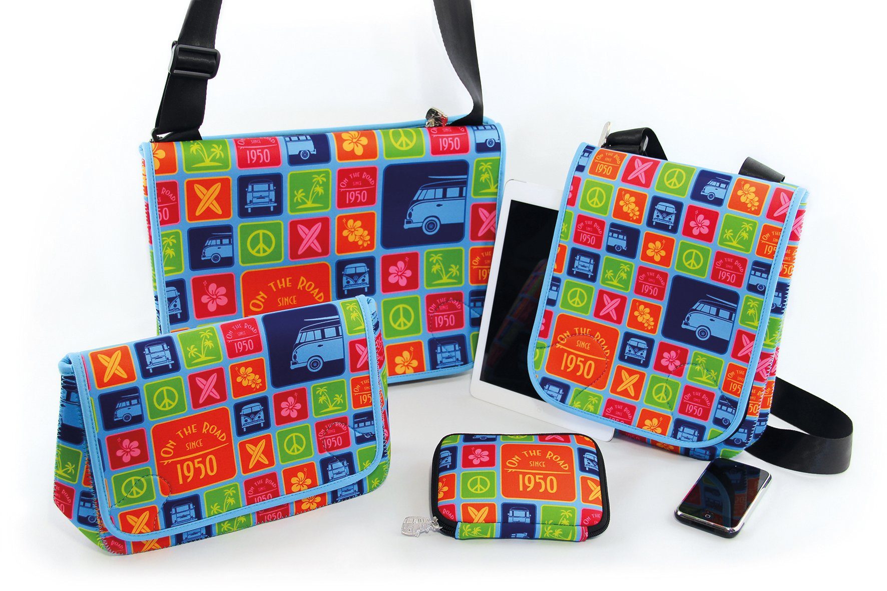 Design, VW bunte x Neopren, Bulli x Laptoptasche T1 28 Umhängetasche Collection cm by Schultertasche aus Volkswagen BRISA Bus 6 im 36