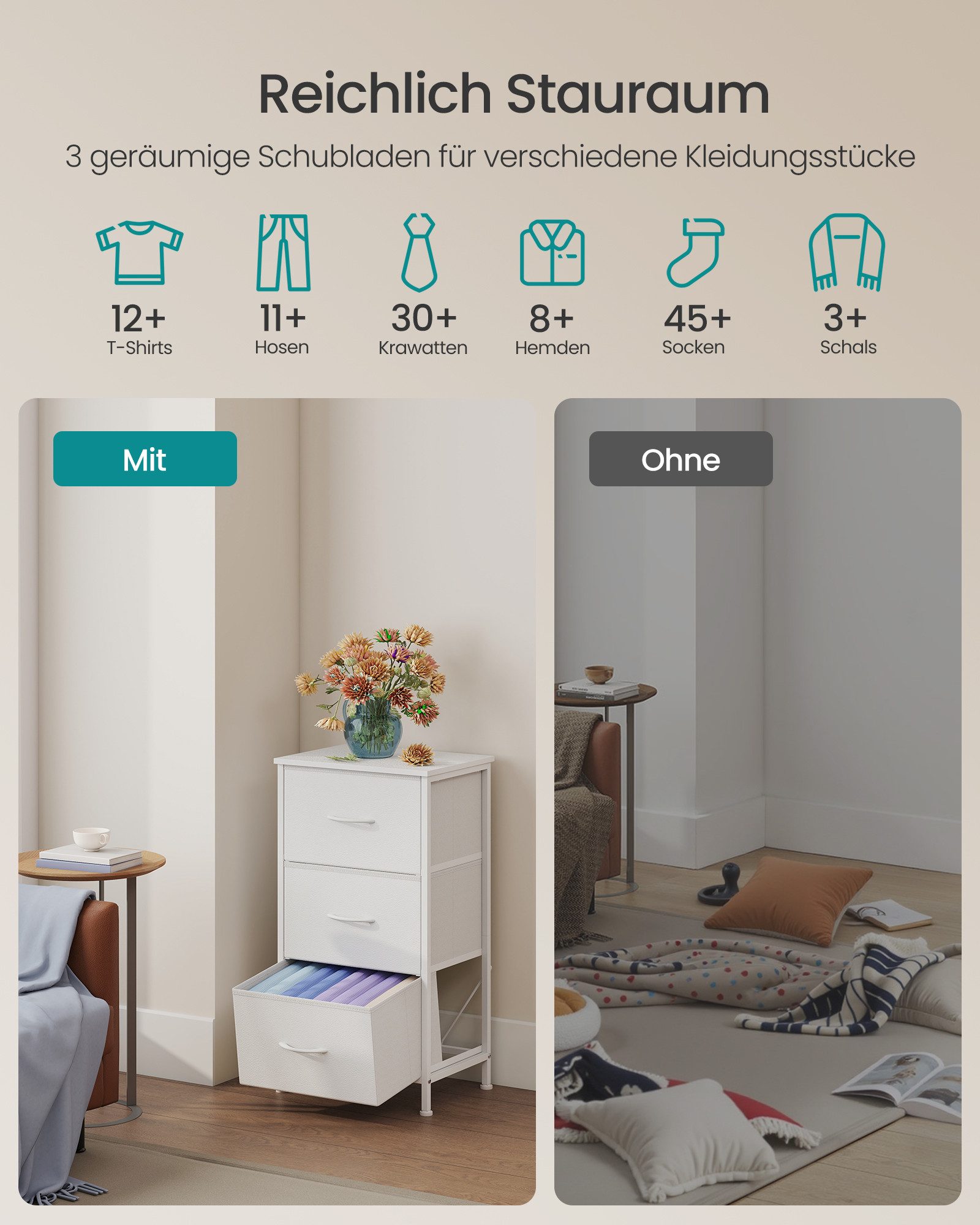 SONGMICS Kommode Schrank, Aufbewahrungsschrank, Stahl, MDF, Vliesstoff, für Schlafzimmer