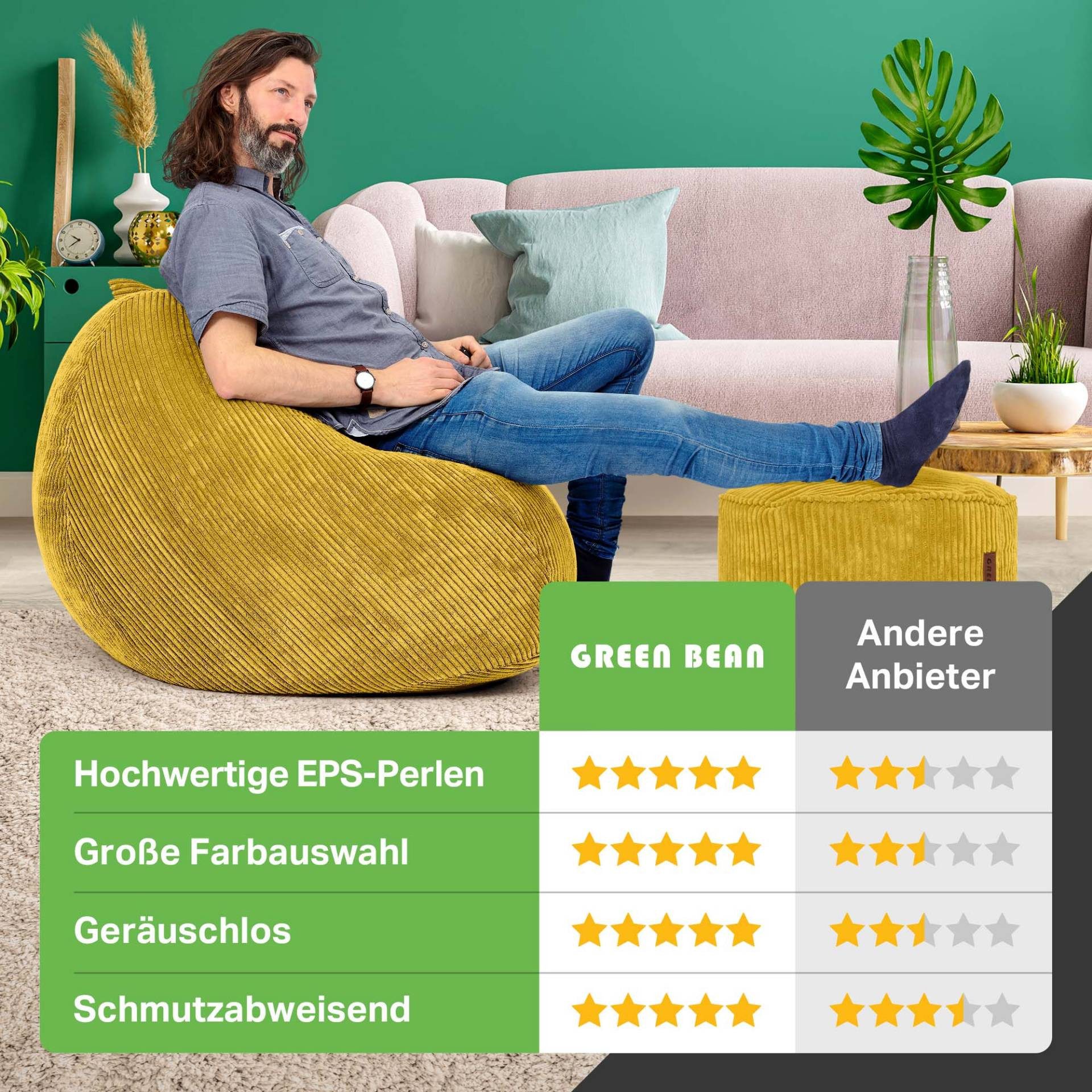 Green Bean Sitzsack XXL Sitzsack Scoop + Hocker aus Cord, Indoor Sitzkissen mit Sitzhocker, Relax Sessel