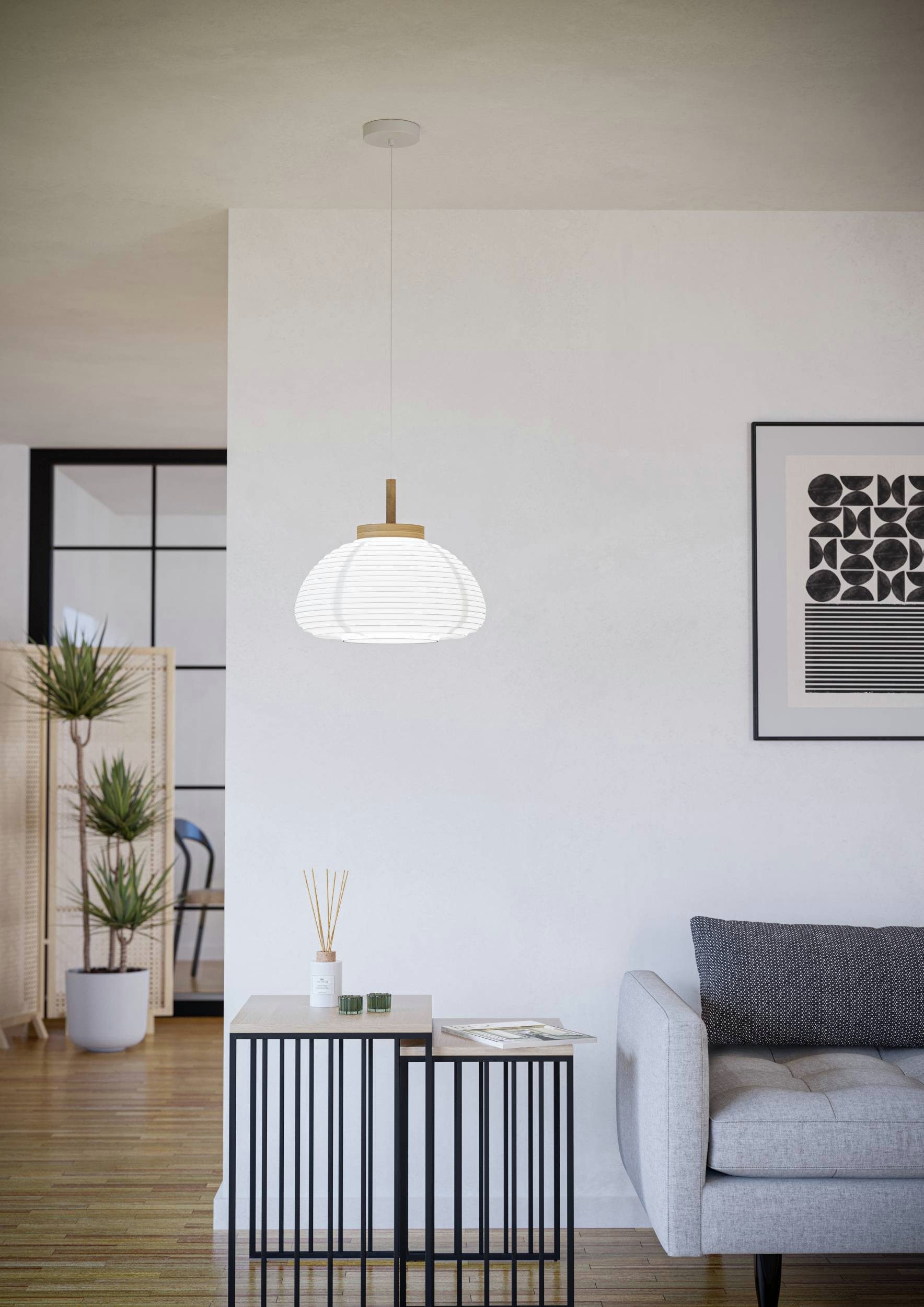 EGLO Hängeleuchte Summerhill Hängelampe 1-fach, Japan-Stil, Metall, Holz und Papier, E27, ohne Leuchtmittel, Hängeleuchte - H110 x Ø55 cm - weiß, braun - 1X40W exkl.