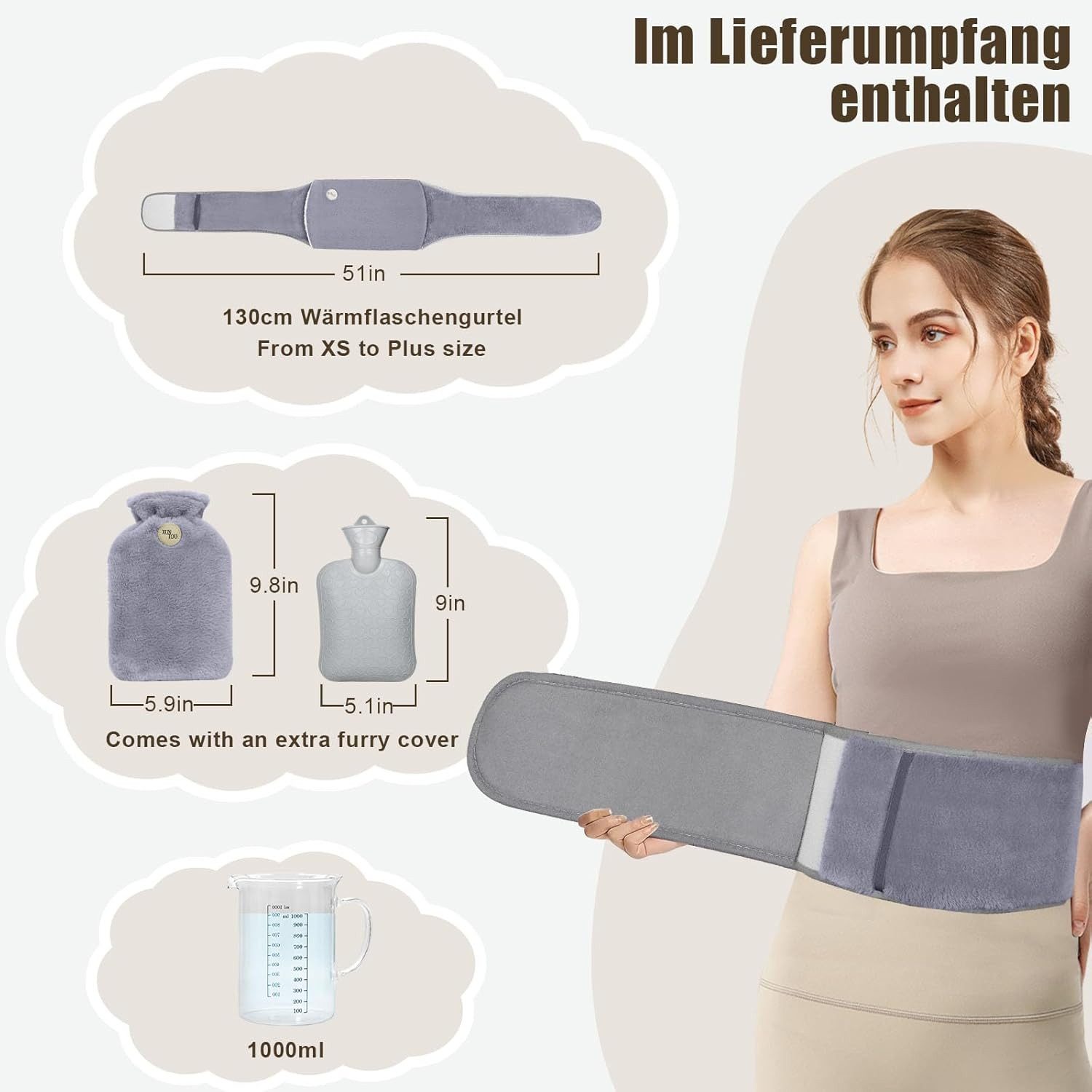 LA CUTE Wärmflasche Wärmflasche 3 in 1 Set – Schmerzlinderung Komfort für Nacken, Beine, (3-in-1 Wärmflaschen-Set mit Bezug und Taillengürtel, 3-tlg., Wärmflasche Set mit Bezug und Taillengürtel 3-teilig), 1000 ml Wärmflasche mit Fleecebezug und Plüsch Taillenabdeckung Set3in