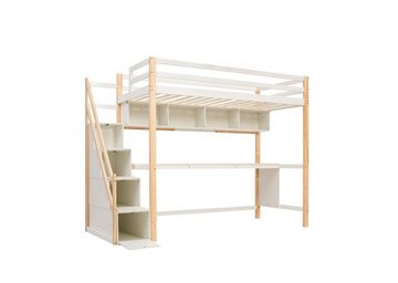 Flieks Hochbett Kinderbett Etagenbett mit Schreibtisch und Treppe 90x200cm Kiefer