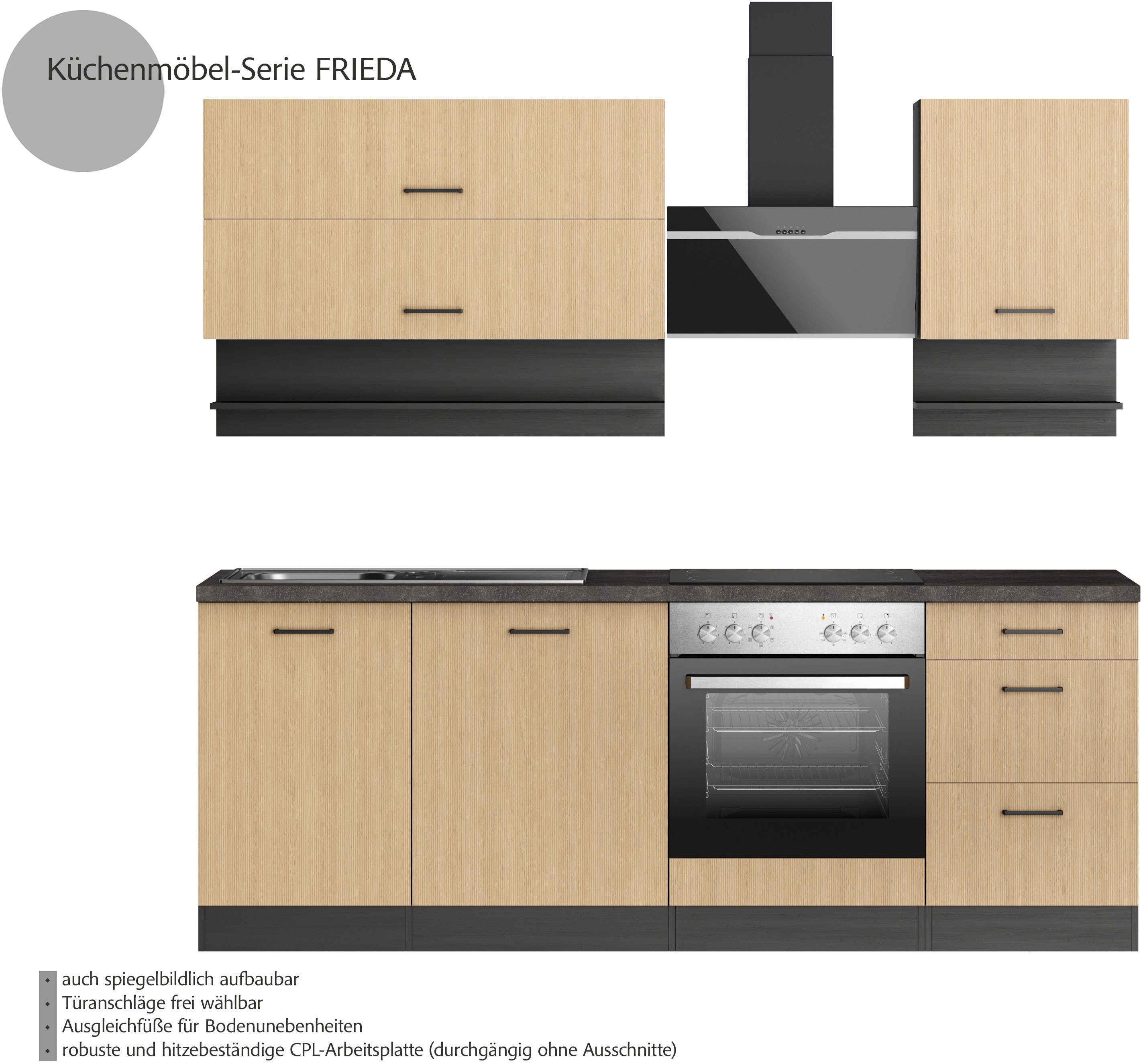 KOCHSTATION Küchenzeile KS-Frieda Breite 220 cm, wahlweise mit E-Geräten, mit 38mm starker Arbeitsplatte