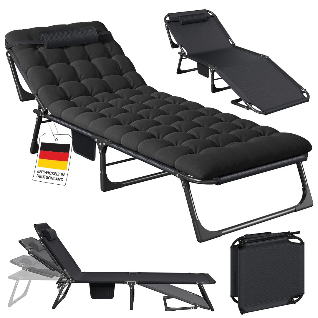 STEELSØN Gartenliege Nysaris Sonnenliege klappbar, Polsterauflage, wetterfest, platzsparend, schwarz, 1 St., Outdoor-Liegestuhl bis 180 kg, leichte Campingliege