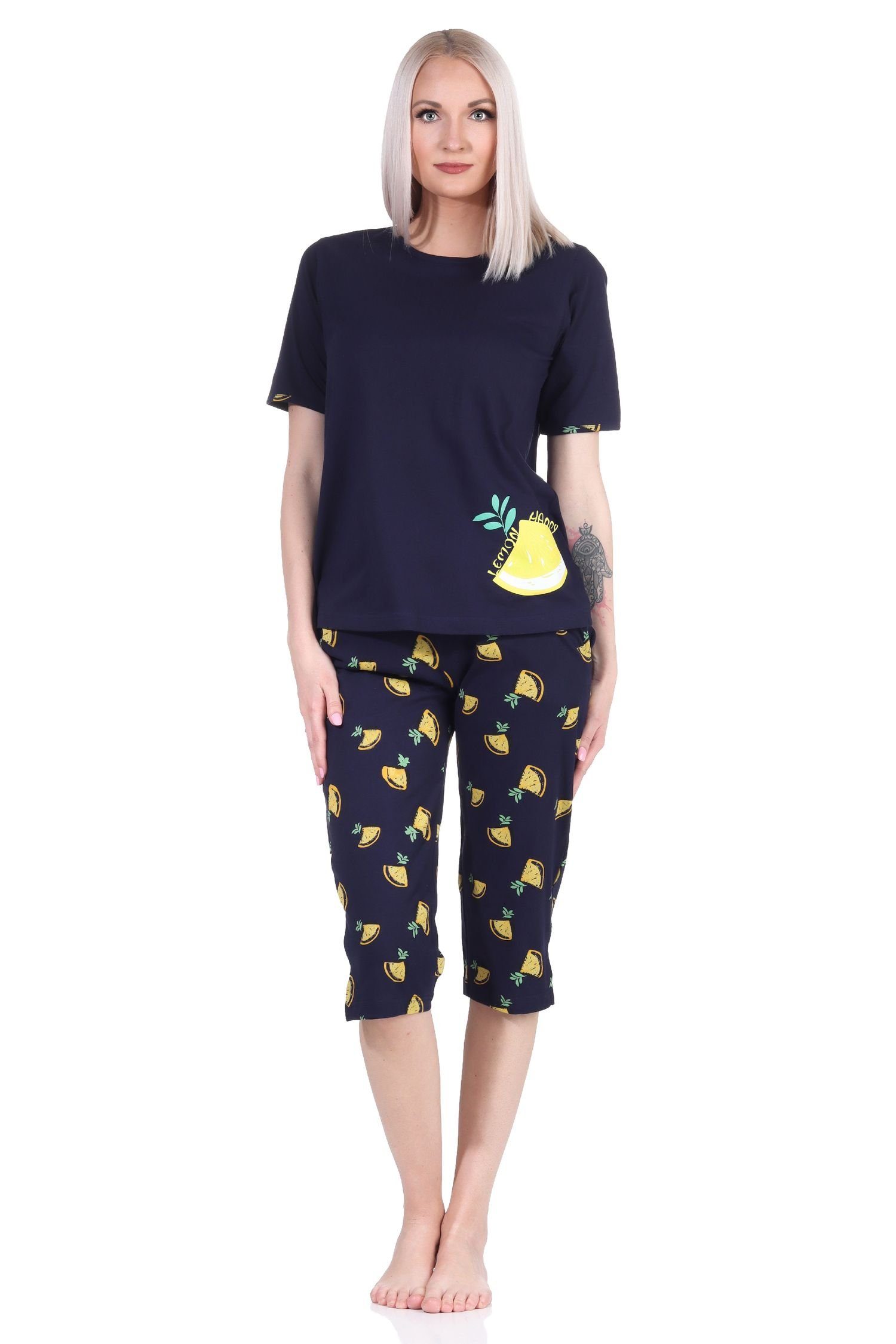 Normann Pyjama Süsser Damen kurzarm Capri Schlafanzug mit Zitronen als Motiv marine