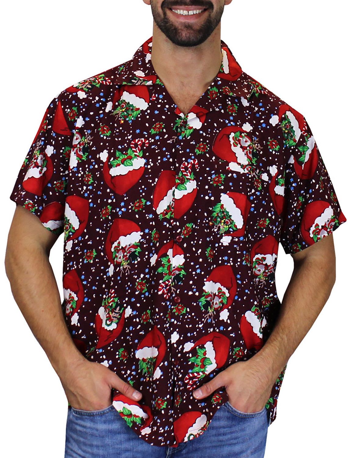 King Kameha Hawaiihemd Christmas Flying Hats Funky Hawaii-Hemd Kurzarm Front-Tasche Unisex