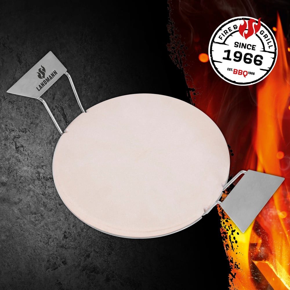 LANDMANN Pizzastein Ø 30cm Modulus-System, Cordierit, Edelstahl-Griffe