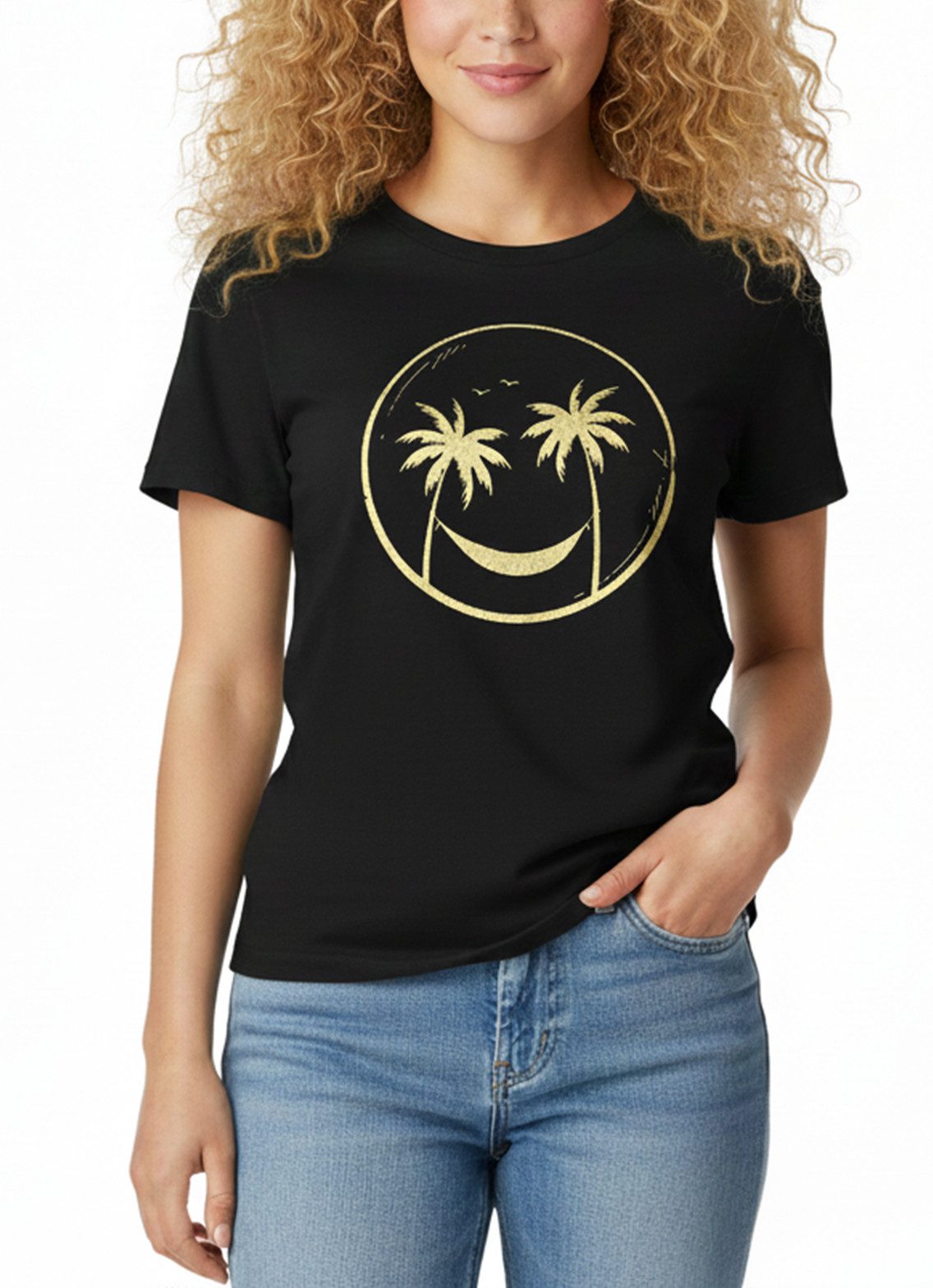 MAKAYA T-Shirt Schwarzes Damen Top – Palmen & Smile Motiv für den Urlaub (Schwarz, S, M, L, XL) Baumwolle