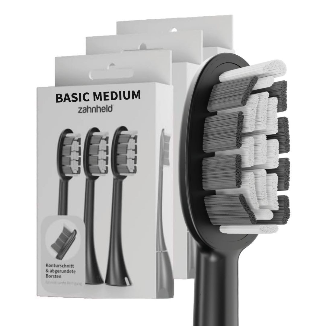Zahnheld Aufsteckbürsten Ersatzbürsten Basic Medium - ideal für Schallzahnbürste Gero, im 3er, 6er oder 9er Set, Zahnpflege Set, mittelharte Wechselköpfe, plastikfrei verpackt, 9 Stück, schwarz