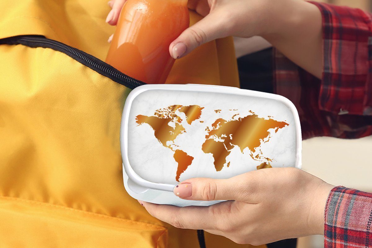 MuchoWow Lunchbox Weltkarte Marmor (2-tlg), und für Erwachsene, für weiß und Brotbox Kinder Jungs Kunststoff, Gold, Mädchen - - Brotdose