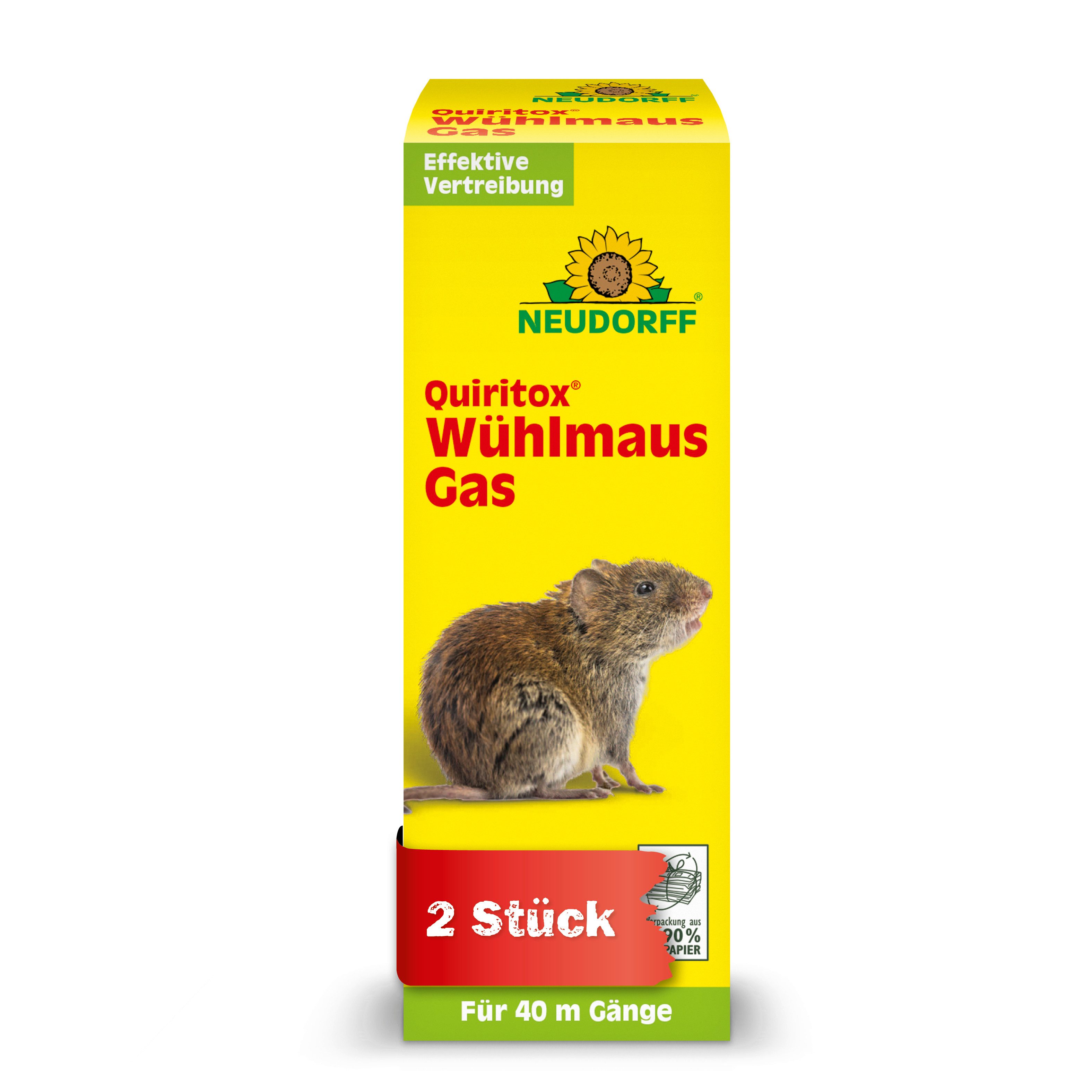 Neudorff Vergrämungsmittel Quiritox WühlmausGas, 2 Kartuschen für bis zu 40 m Gangsystem, 1-St., Rauchkartuschen mit Geraniol zur Vertreibung von Wühlmäusen, Rauch verteilt den Wirkstoff tief im bewohnten Gangsystem