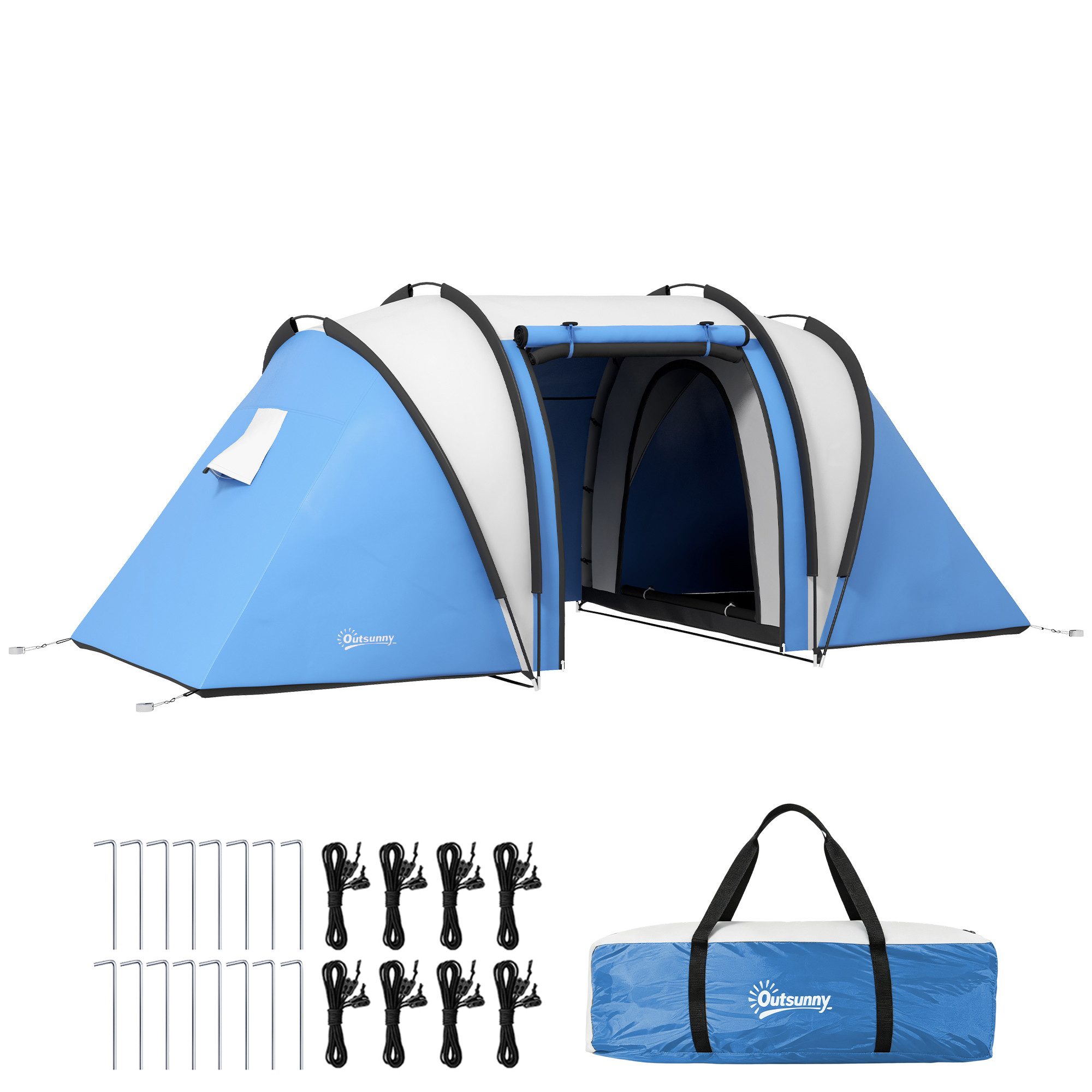 Outsunny Tunnelzelt Zelt Kuppelzelt, mit 2 Zimmer, wasserabweisend, Seitentür Fenster, Personen: 5 (Campingzelt, 1 tlg., Familienzelt), mit 3000mm Wassersäule, für Camping, Reise, Garten
