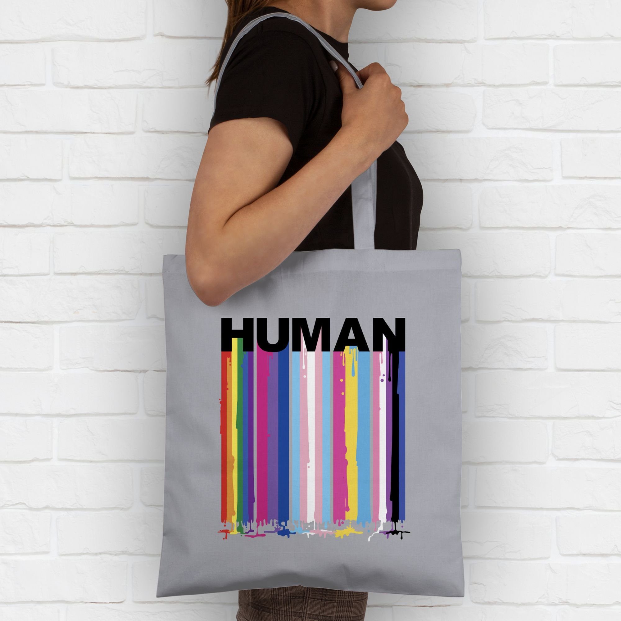 LGBT Hellgrau Blockschrift Tropfen, Kleidung Umhängetasche Shirtracer HUMAN Regenbogen 2 Farben