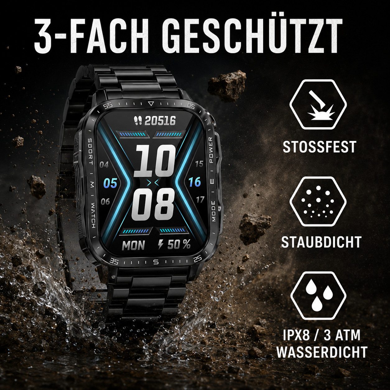 Toomoke Outdoor Smartwatch Herren 1,96 Zoll mit LED Taschenlampe Smartwatch (4,98 cm/1,96 Zoll) Militär Design, Bluetooth Telefon, 3ATM Wasserdicht, Smartwatch mit Silikonarmband, Edelstahlarmband und magnetischem Ladekabel, StoßfestStaubdicht
