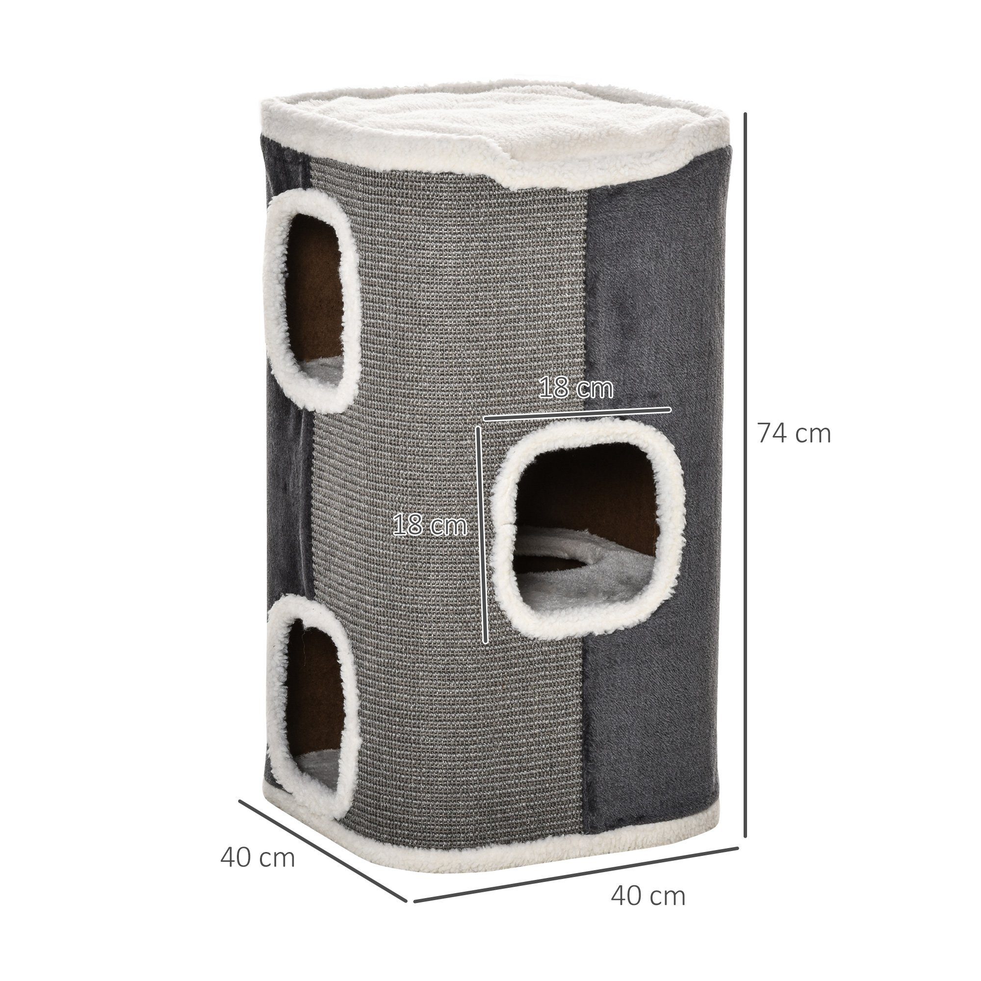 PawHut Kratztonne für Katzen 3 Ebenen Kletterbaum Spanplatte Polyester, (Katzenmöbel, 1-tlg., Kletterbaum), Grau+Weiß, 40 x 40 x 74 cm