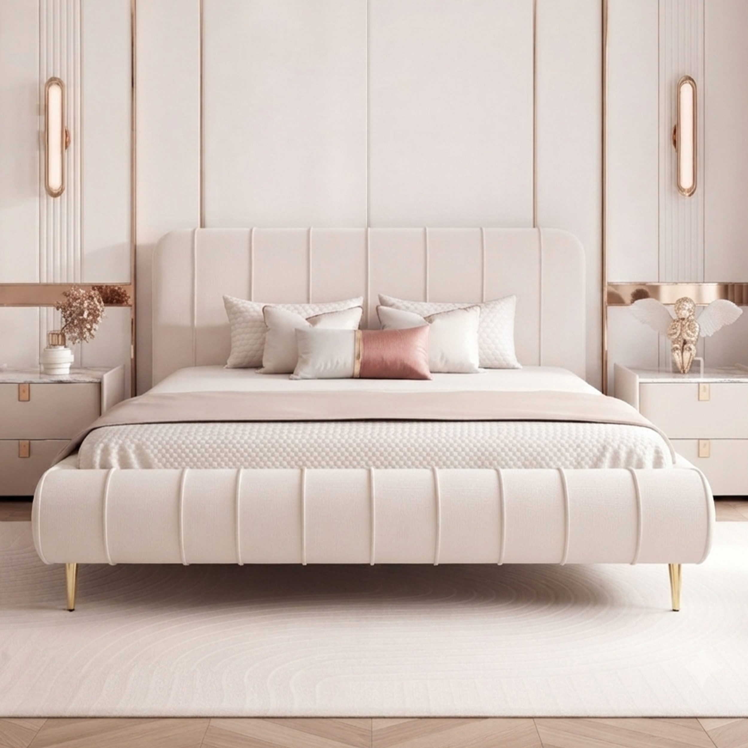 Goldstoff Polsterbett Elegantes Stoffbett "FIRENZE" mit hohem Kopfteil und großem Bettkasten (120–200x200 cm, Kopfteilhöhe 70/100 cm, Seitenhöhe: 25/40 cm), Komfortables Stoffbett mit Stauraum und verstellbarem Kopfteil