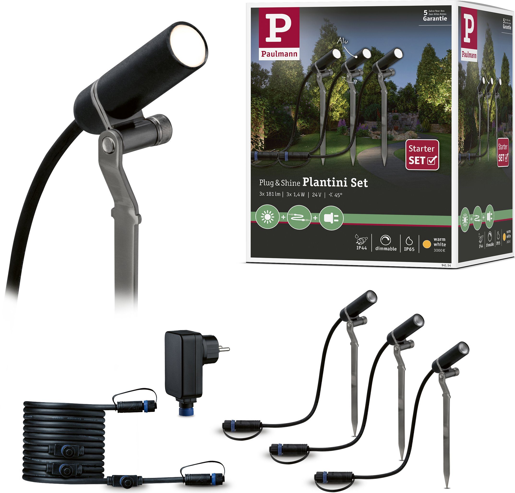 [Sonderpreis für begrenzte Menge] Paulmann LED Gartenstrahler Plug 24V Plug Warmweiß, LED Shine, LED-Modul, Shine, 3000K & Anthrazit & fest integriert