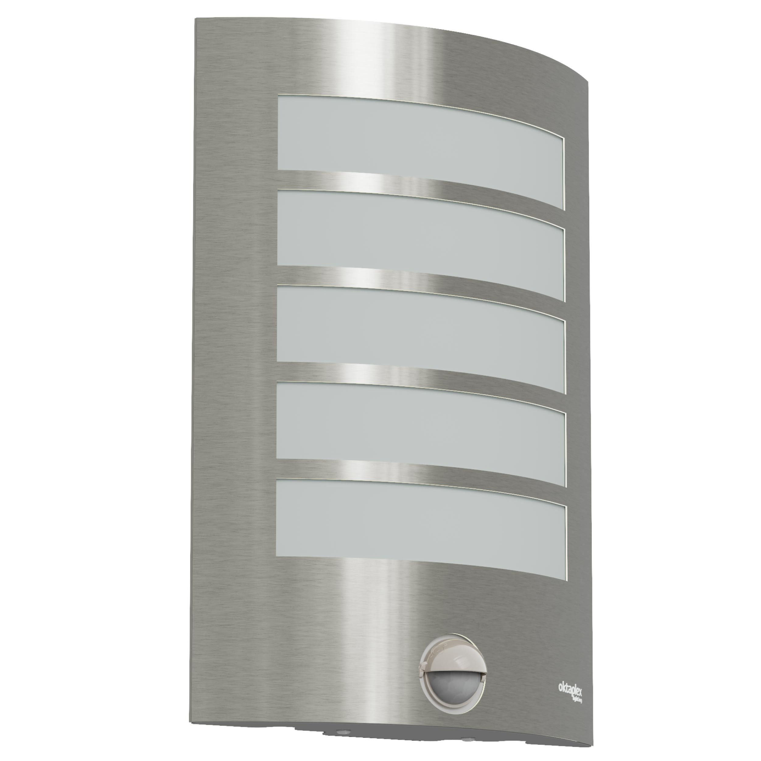Oktaplex lighting Außen-Wandleuchte Alto E27 Außenleuchte mit Bewegungsmelder 7m / 90 Grad, PIR-Sensor, ohne Leuchtmittel, Außenwandlampe IP44 Edelstahl Blende silber
