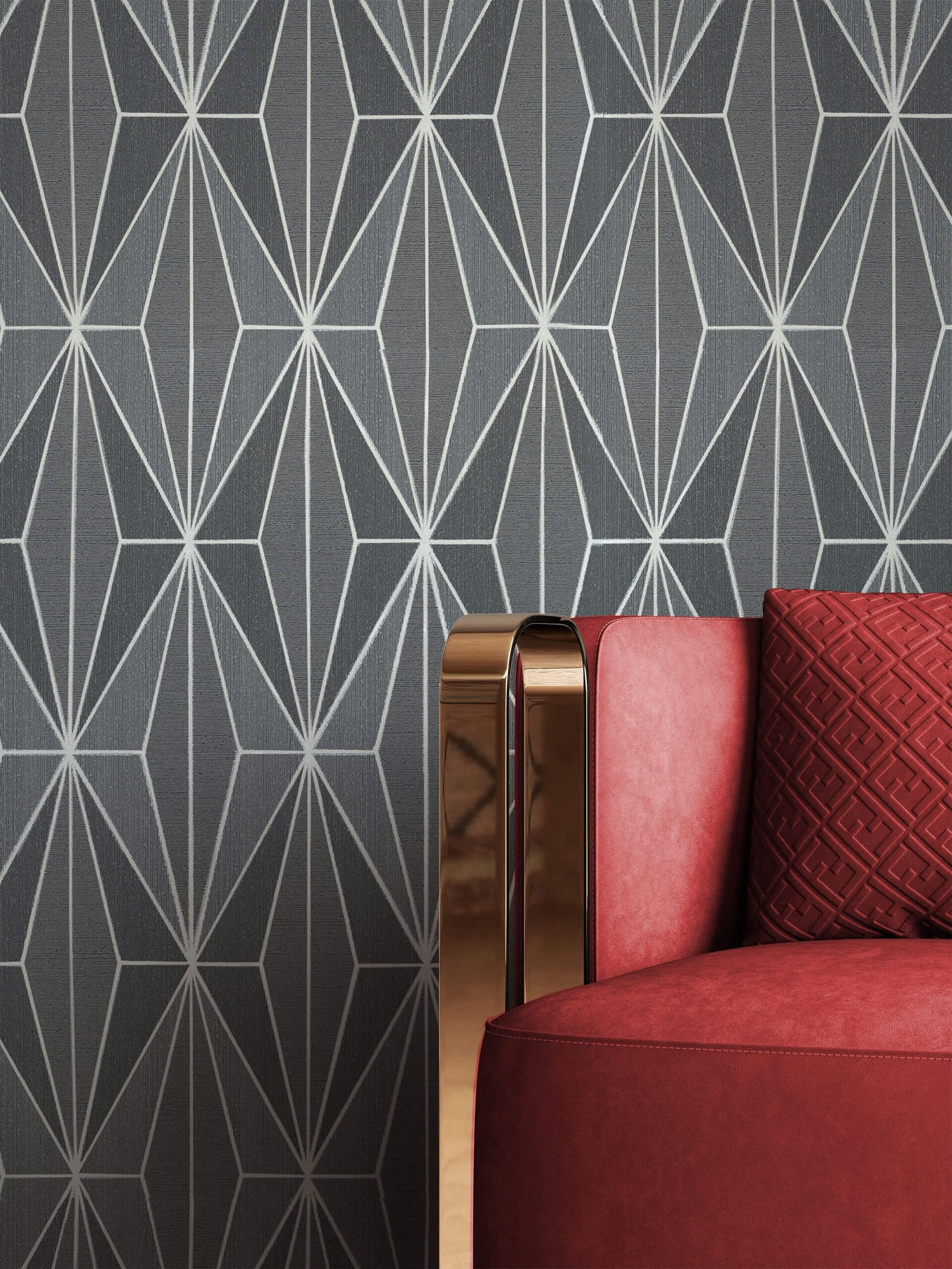 Newroom Vliestapete, Schwarz Tapete Grafisch Leicht Glänzend - Mustertapete Grafiktapete Silber Anthrazit Geometrisch Modern Grafik