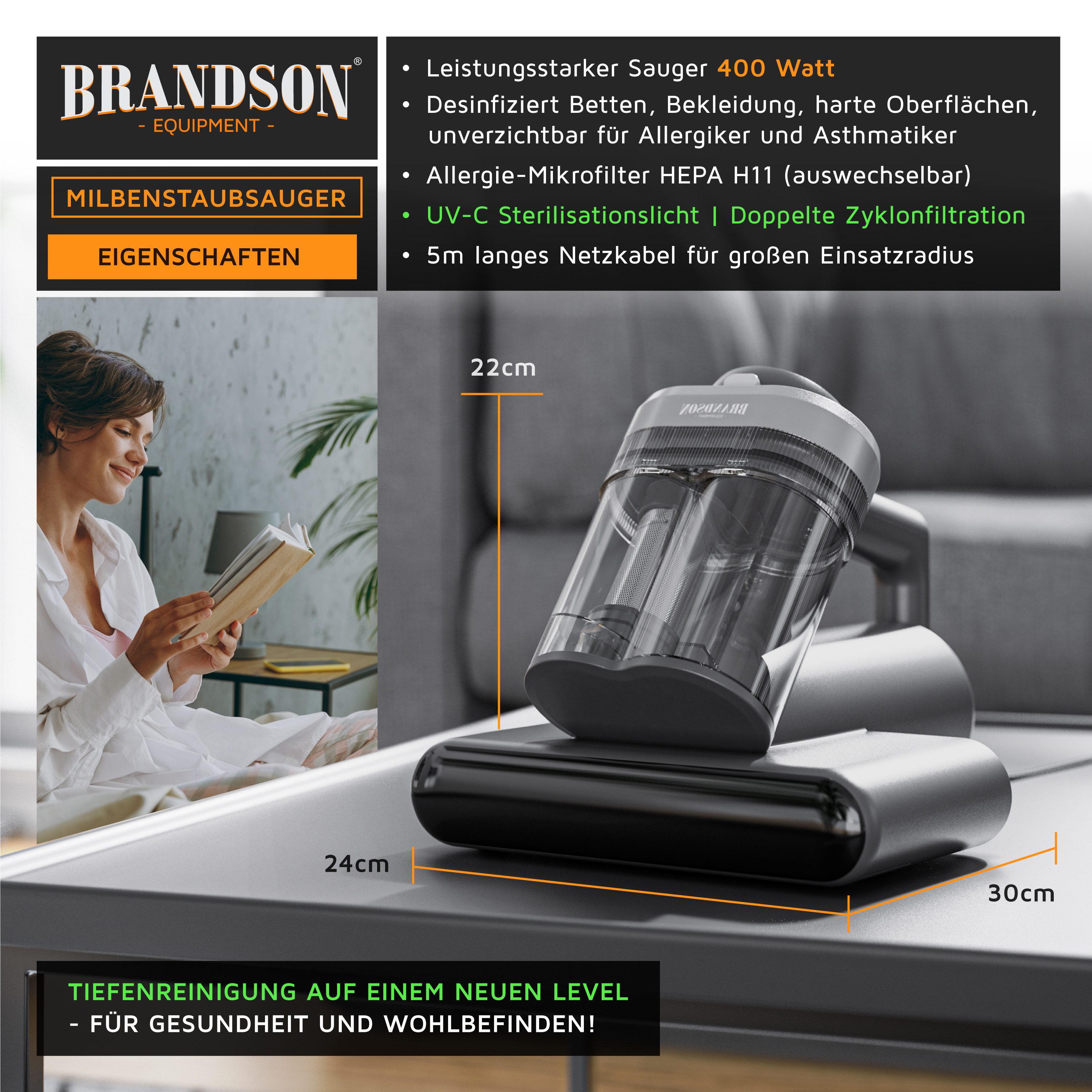 Brandson Matratzenreinigungsgerät Milbenstaubsauger, UV-C Sterilisationslicht, Handstaubsauger, 400 W, beutellos, HEPA Filter, für Betten, Polstermöbel, Bekleidung ideal für Allergiker