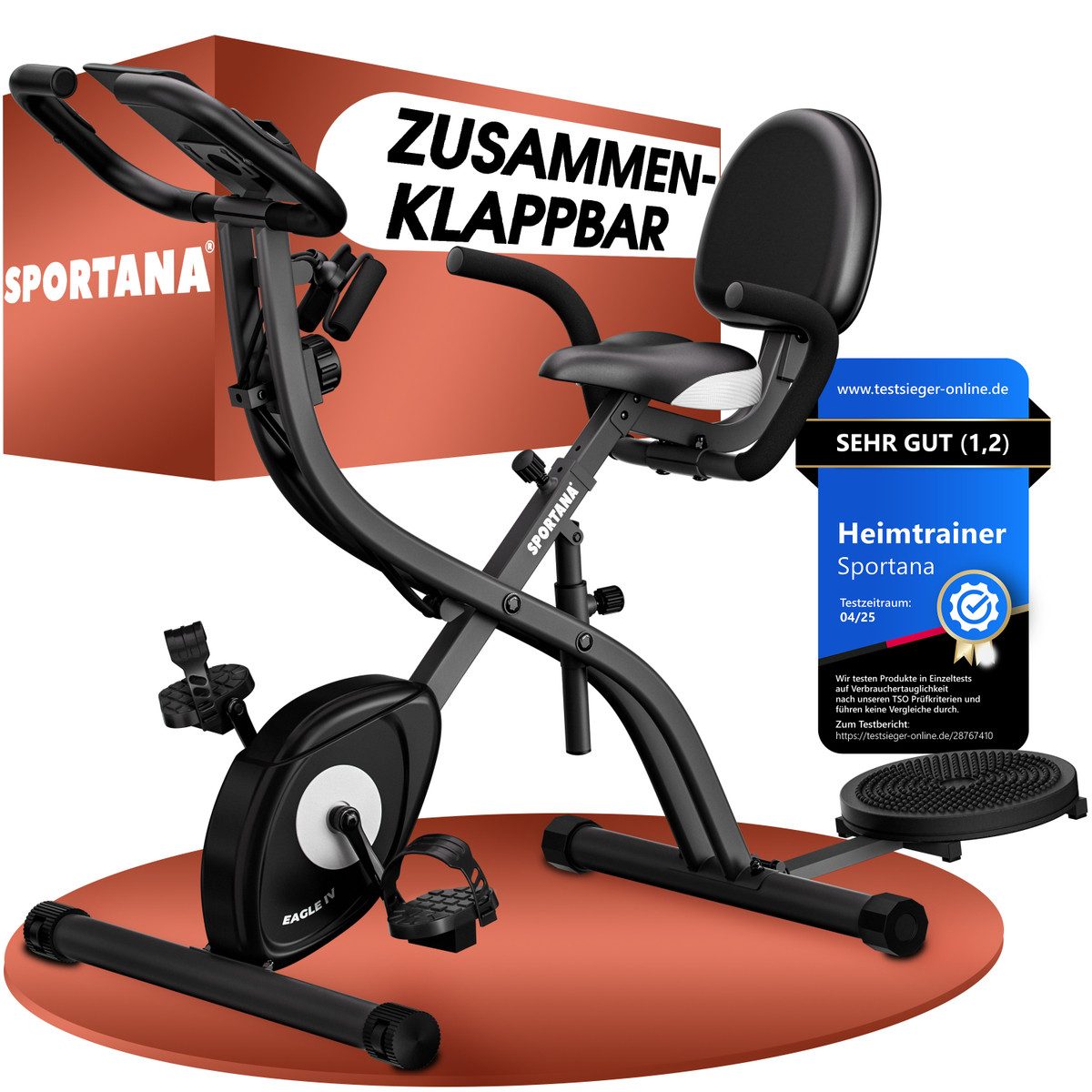 Sportana Heimtrainer Eagle 4 (1-tlg), Klappbar Fitnessfahrrad mit App 16 Stufen Pulssensoren Hüfttrainer