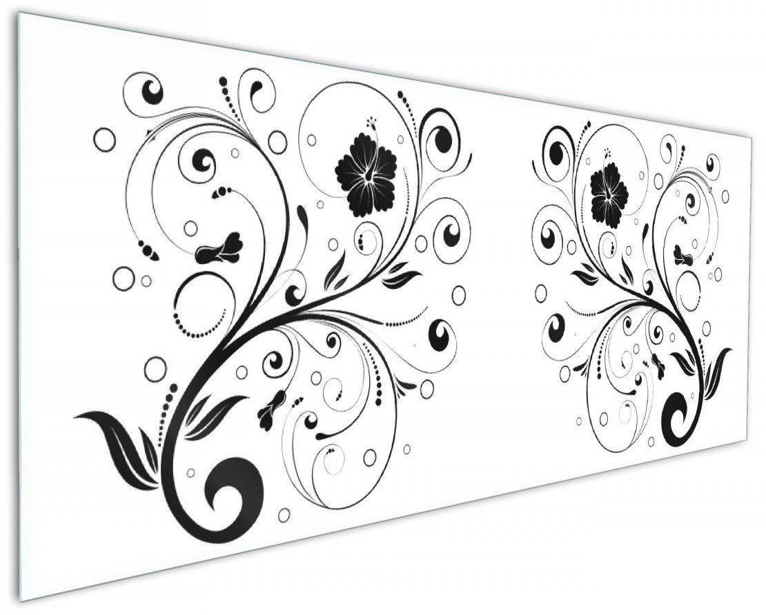 Wallario Küchenrückwand Schnörkelmuster in schwarz weiß mit Blumen und Kreisen, (1-tlg)