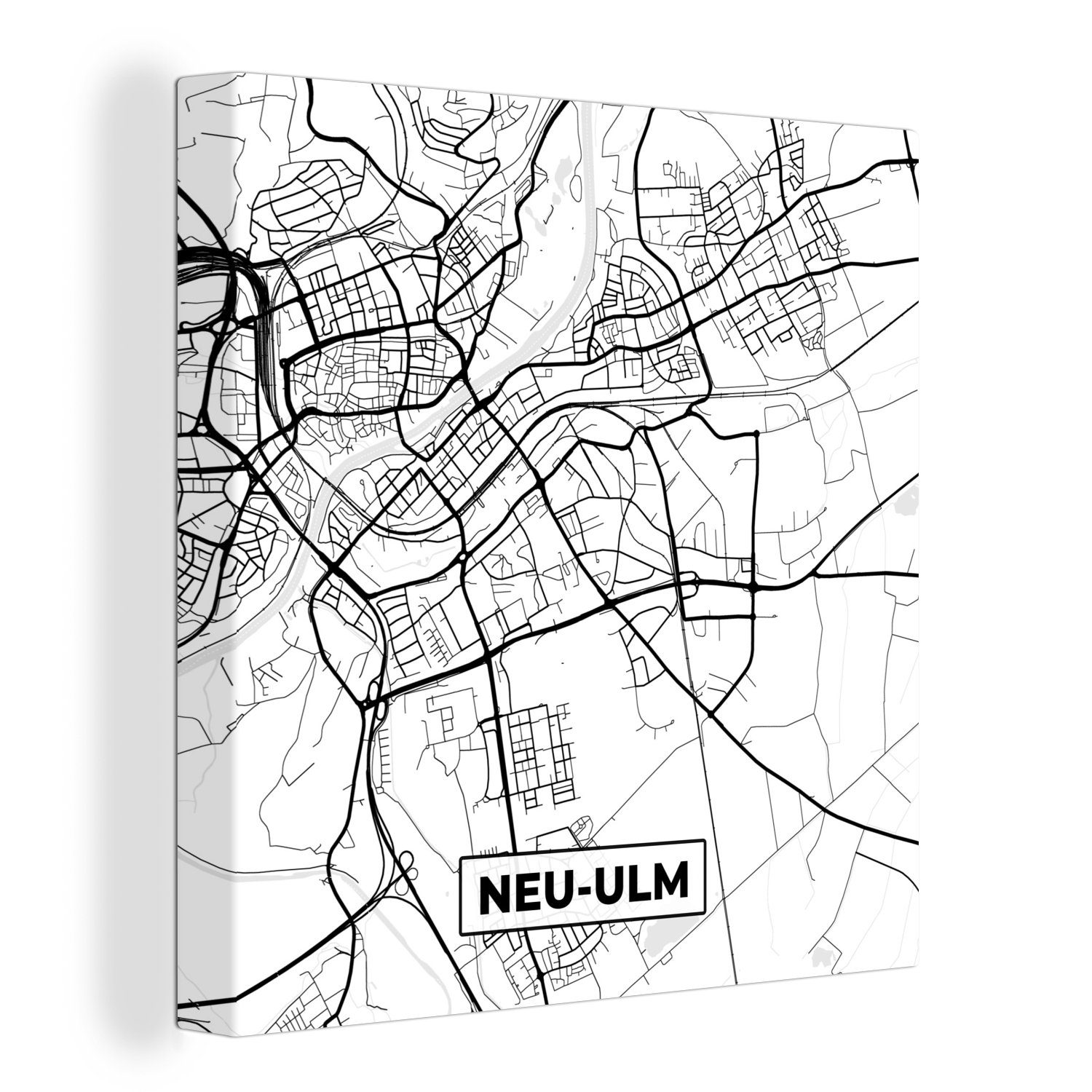 OneMillionCanvasses® Leinwandbild Neu-Ulm - Karte - Stadtplan - Wegbeschreibung, (1 St), Leinwand Bilder für Wohnzimmer Schlafzimmer