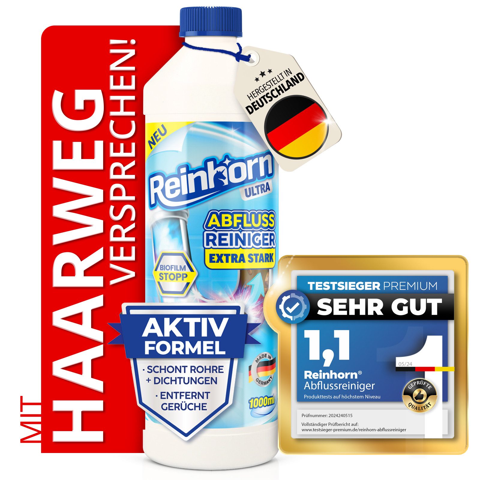 Reinhorn Abflussreiniger Rohrreiniger Stark Premium Sofort Frei löst Haare auf Rohrreiniger (Extra Stark mit Biofilm Stopp und Sofort Frei Aktivformel)