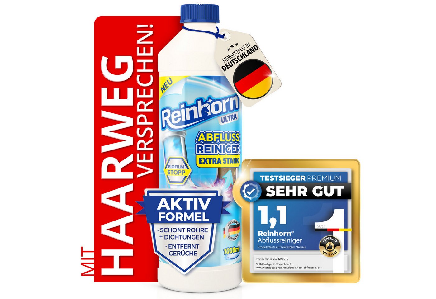 Thumbnail - Reinhorn Abflussreiniger Rohrreiniger Stark Premium Sofort Frei löst Haare auf Rohrreiniger (Extra Stark mit Biofilm Sto...