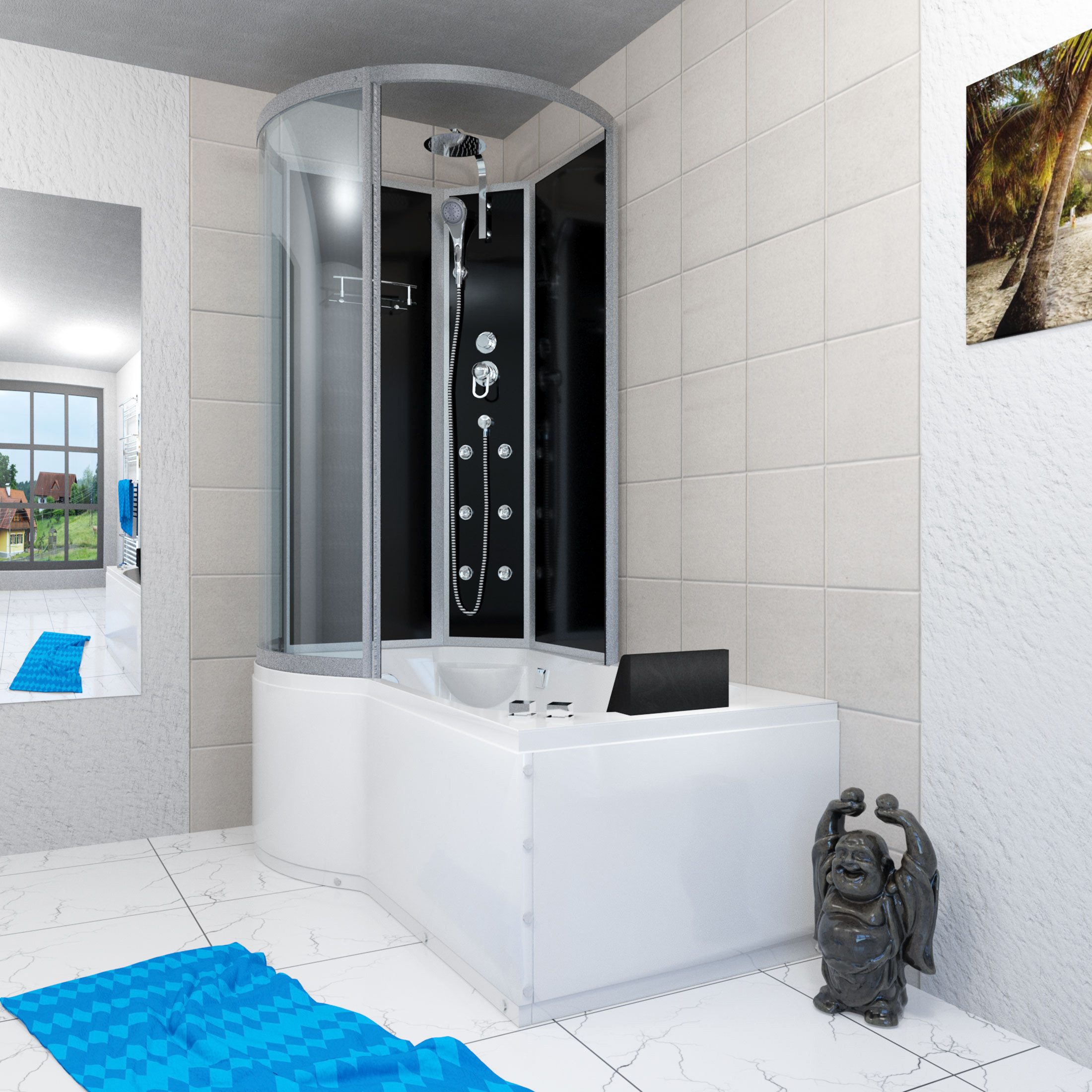 AcquaVapore Grossraumdusche Whirlpool Wanne Duschkabine sw K50-R30-WP-ALL 100x, Sicherheitsglas ESG, Integrierte Massagedüsen, Integrierte Wannen Beleuchtung, Nackenstütze