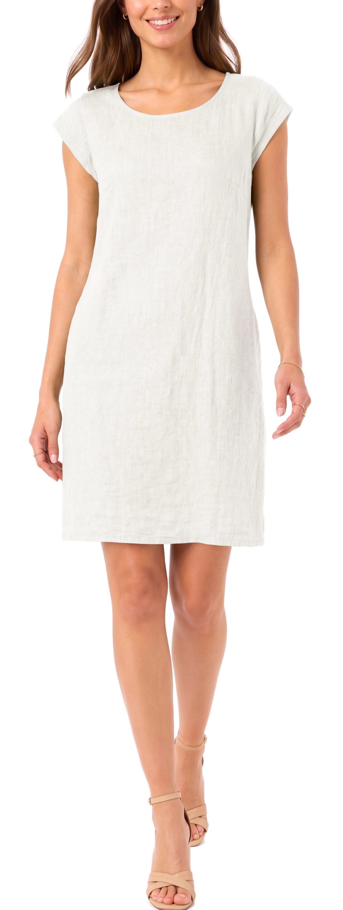 dy_mode Midikleid Einfarbiges Damen Leinenkleid Sommerkleid Kurzarm Midi Kleid in Unifarbe, mit Eingriffstaschen, leicht taillierte Passform