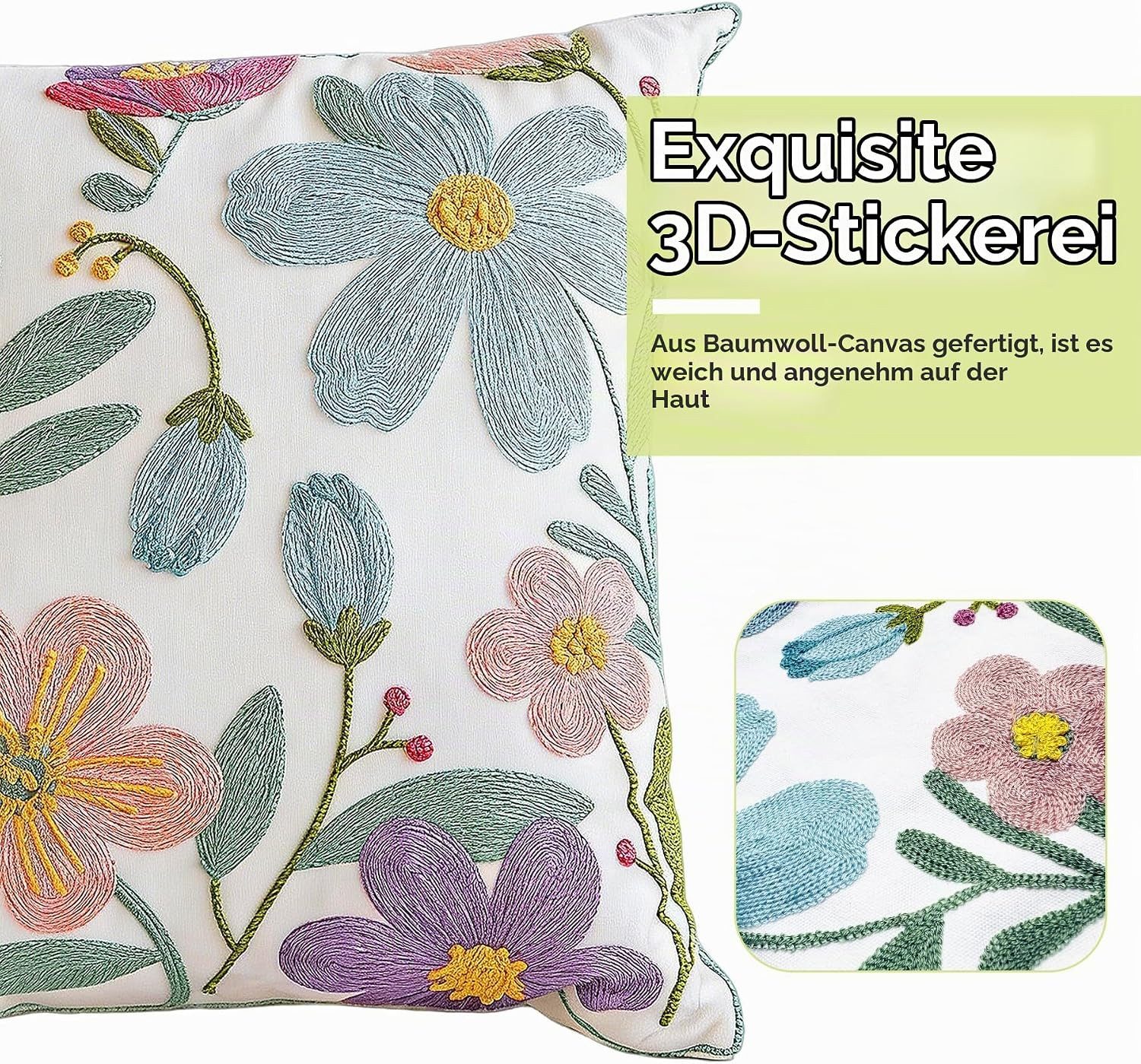 FOUORTUNATE-BEE Kissenbezüge Kissenbezüge 45x45 cm 2er Set mit bunten Blumenstickereien Deko, Dekokissenbezüge mit Blumenmuster für Sofa Bett Sessel und Bank – Bild 5 von 5