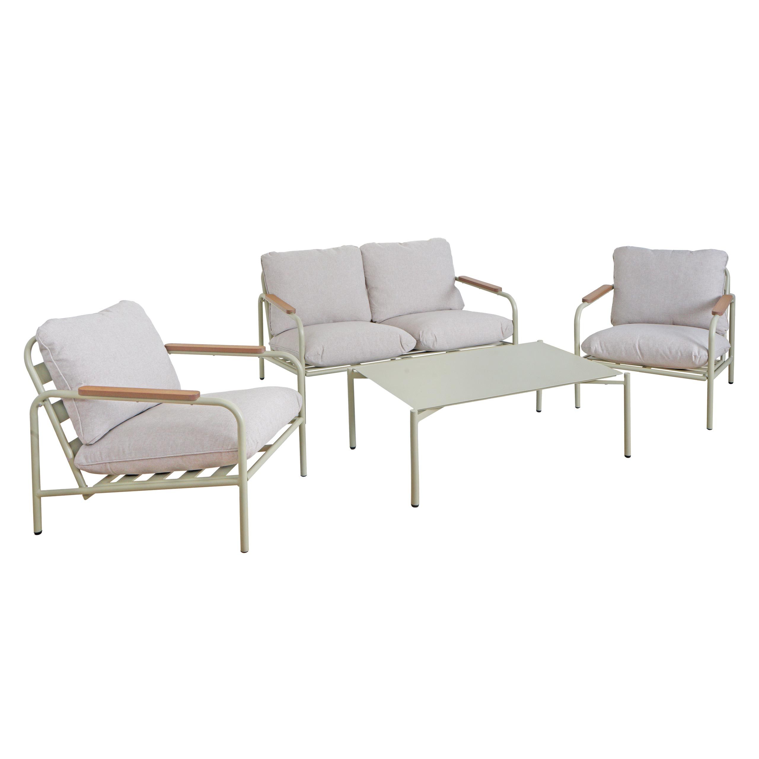 MCW Gartenlounge-Set MCW-O11-SE, (Set, 4-tlg., 1x 2-Sitzer Gartenbank, 2x Sessel und 1x Tisch), Mit höhenverstellbaren Fußbodenschonern