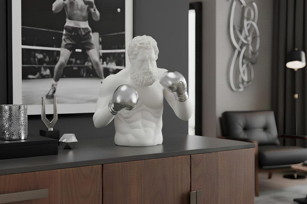 riess-ambiente Dekofigur BOXER 50cm weiß/silber - Skulptur, einzigartig, handgefertigt, urban (Einzelartikel, 1 St), Moderne Skulptur - ideal als dekorativer Akzent auf Sideboard & Regal