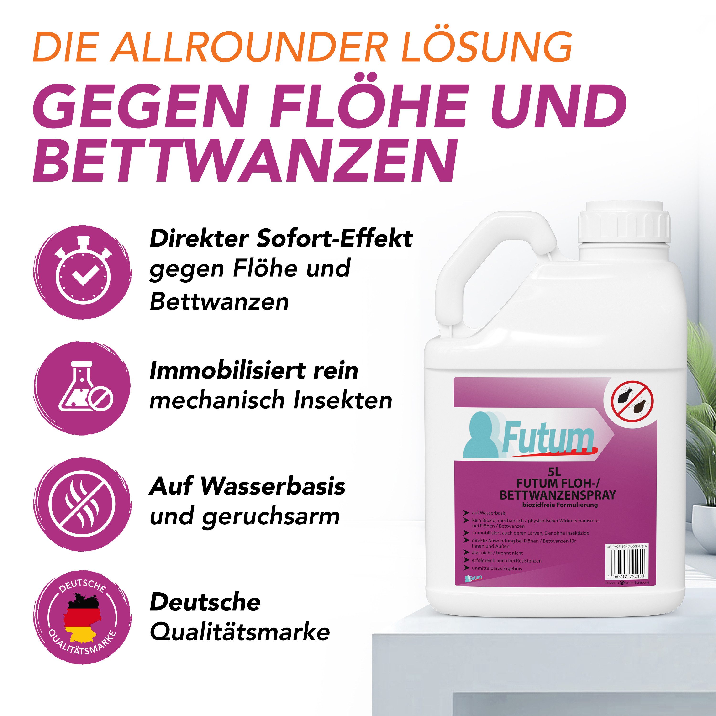 FUTUM Insektenspray Anti-Bettwanzen-Spray Floh-Mittel Ungeziefer-Spray, 5 l, auf Wasserbasis, geruchsarm, brennt / ätzt nicht, biozidfreie Formel