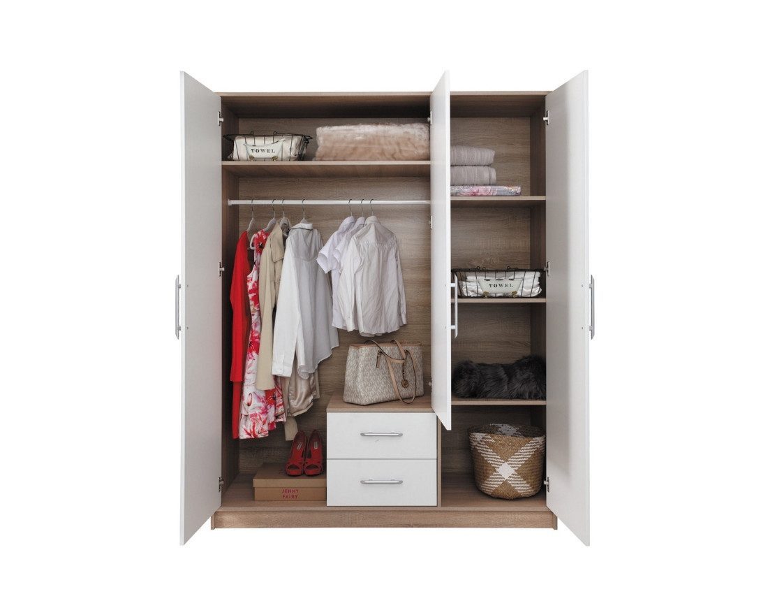 Deine Möbel 24 Kleiderschrank SAM SRL2 4-türig mit Schubladen, Farbe: Cashmere, mit Aufsatz optional (Set, 3-St., 150 cm breit mit Stauraum) Drehtürenschrank für Schlafzimmer Flur Garderobe