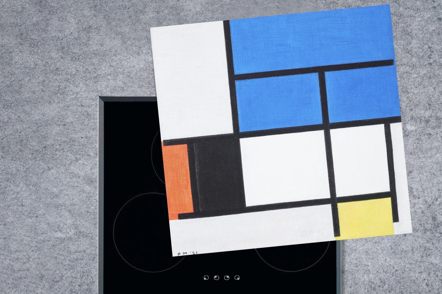Blau, Grau MuchoWow Mondrian, Gelb cm, mit Ceranfeldabdeckung, - Piet Rot, tlg), und Komposition Vinyl, für Herdblende-/Abdeckplatte Arbeitsplatte küche 78x78 (1 Schwarz,