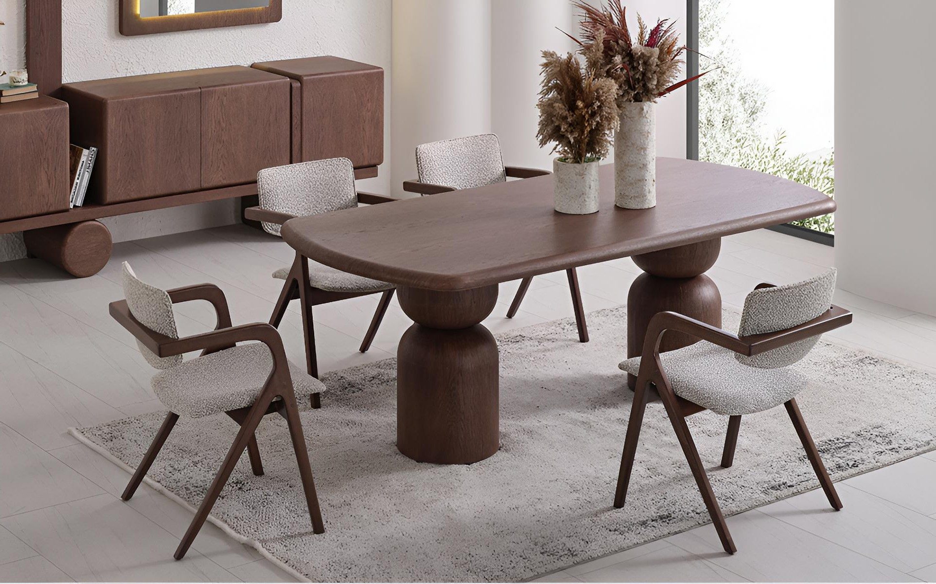 Xlmoebel Essgruppe Essgruppe von XLMOEBEL in modernem Design aus Holzwerkstoff, (Essgruppe, 7-tlg., Tisch + 4 Stühle + Sideboard + Spiegel), Made in Europa