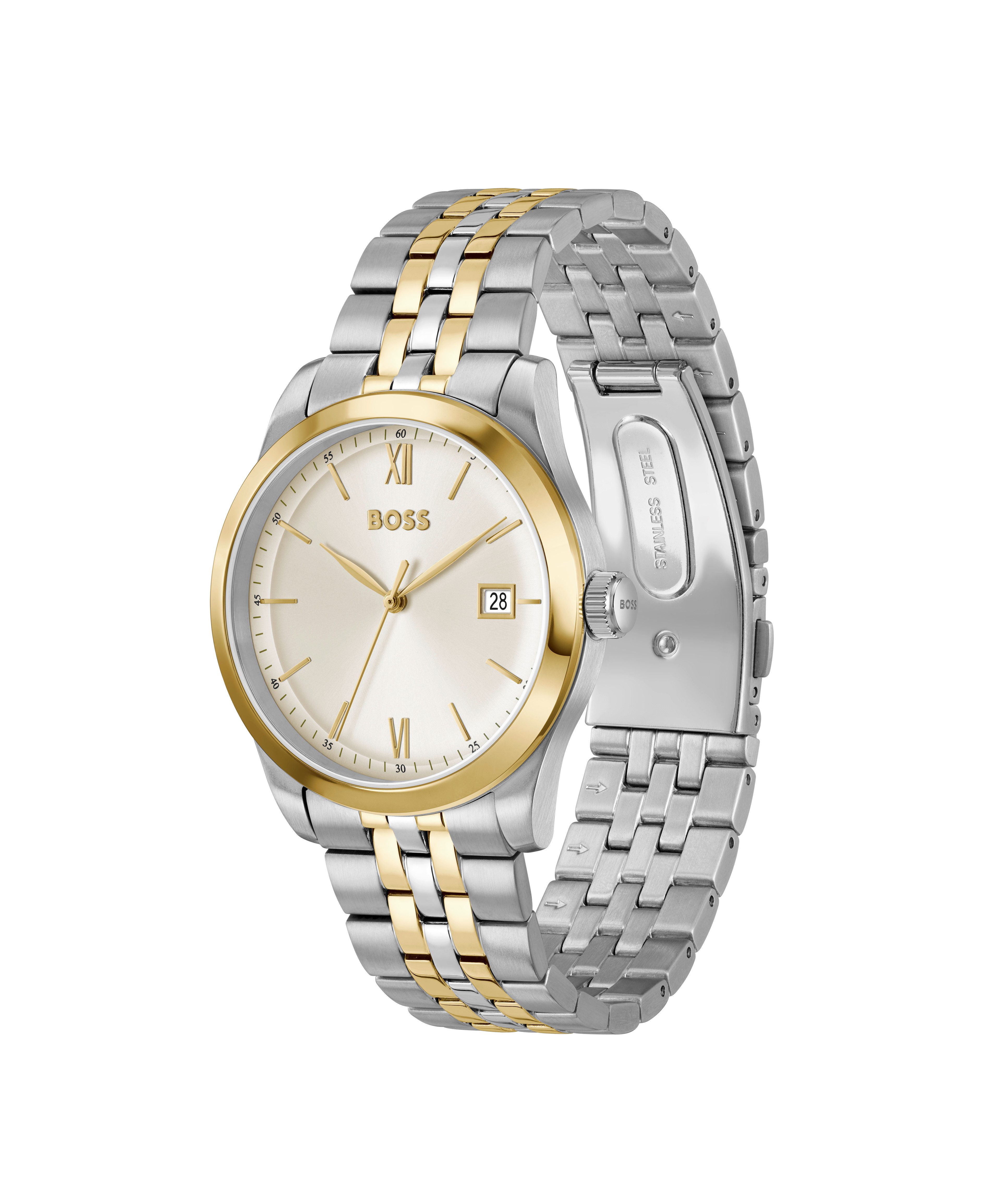 BOSS Quarzuhr LANGFORD 1514358, Armbanduhr, Damenuhr, Herrenuhr, Edelstahlarmband, analog, Tag