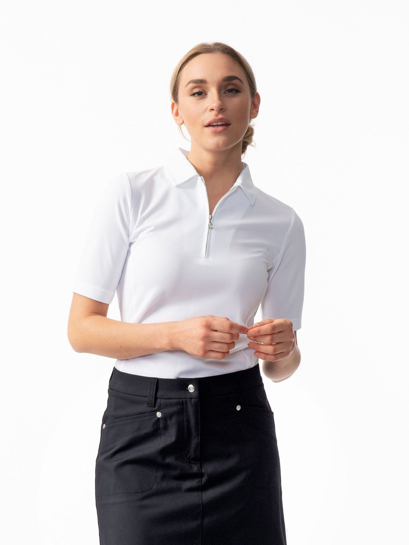 Quick Daily Sports dem Sports Frontreißverschluss Strassstein shirt (1-tlg) Polo Damen Macy Daily Poloshirt Reißverschluss mit 1/2S auf Dry-Material,