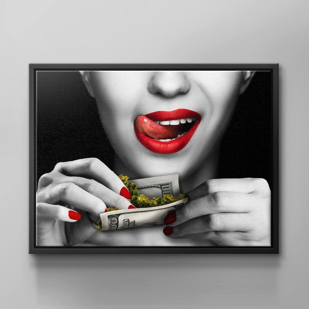 DOTCOMCANVAS® Leinwandbild, Sexy Frau mit Cannabis in Schwarz Weiß von schwarzer Rahmen