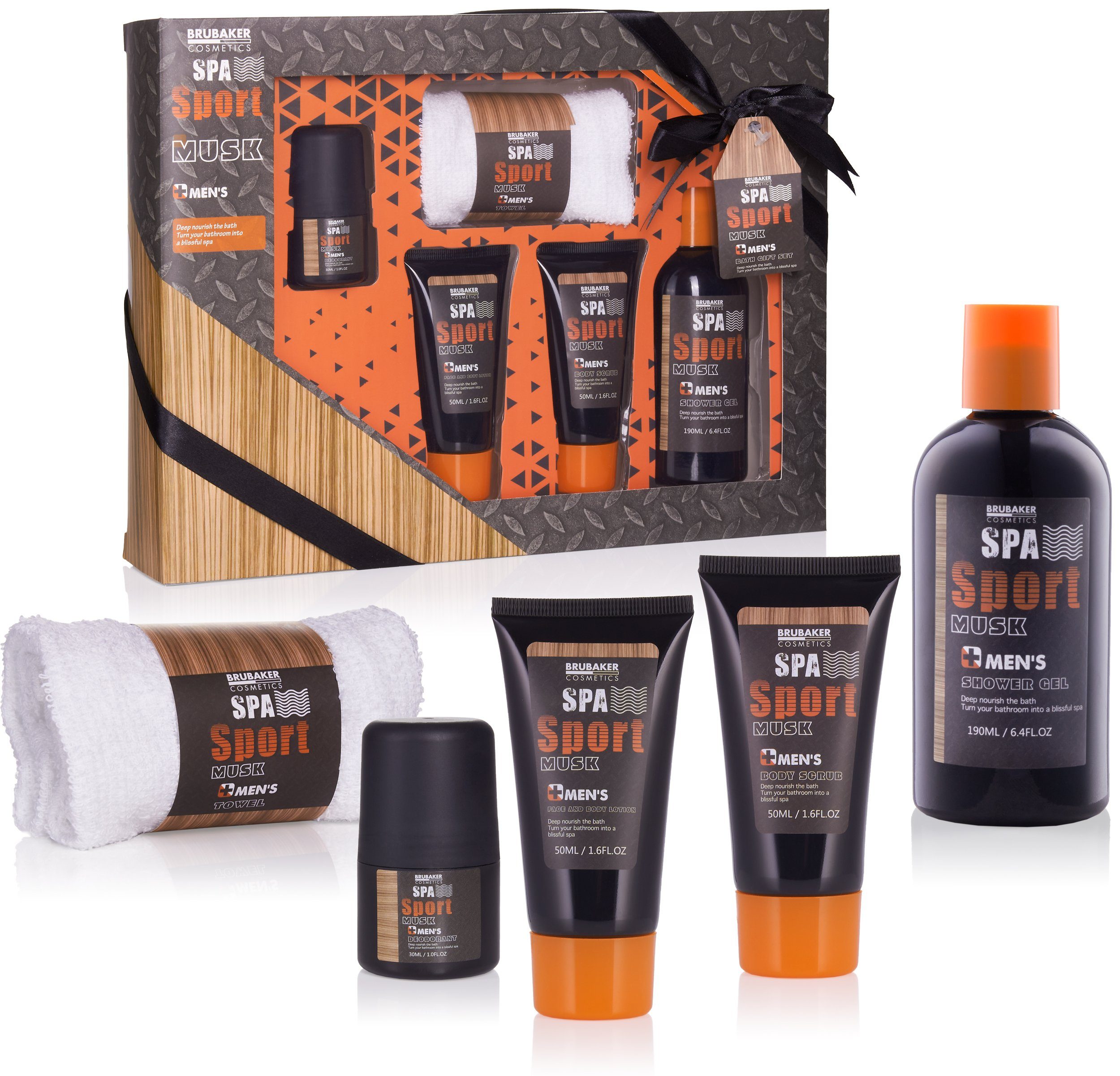 BRUBAKER Hautreinigungs-Set Herren Bade- und Duschset, 5-tlg., Männer Geschenkset, Pflegeset mit Spa Sport Musk Duft, Geschenk für Papa, Vatertagsgeschenk