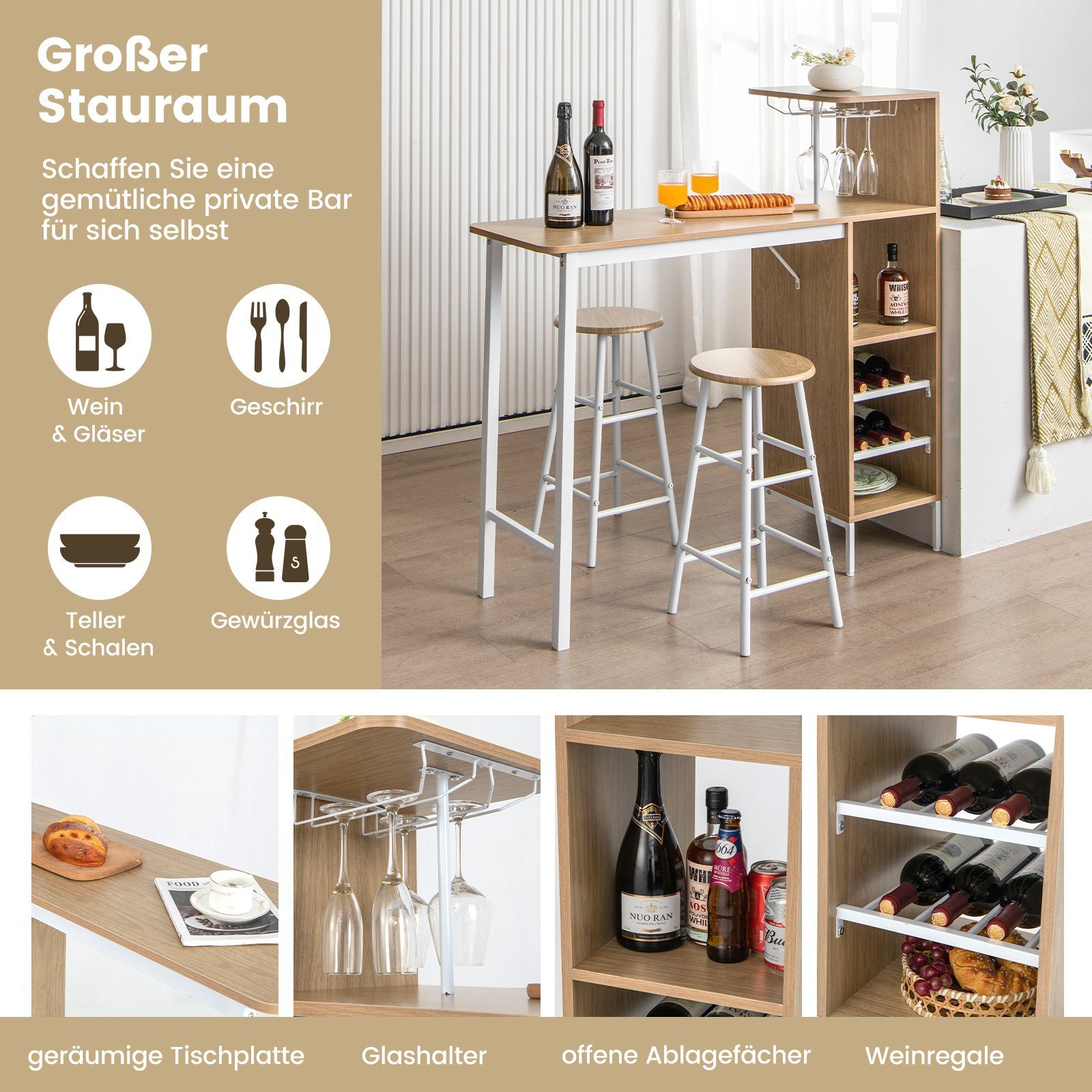 COSTWAY Bartisch (3 TLG. mit Hockern), mit Weinregal & Halterungen