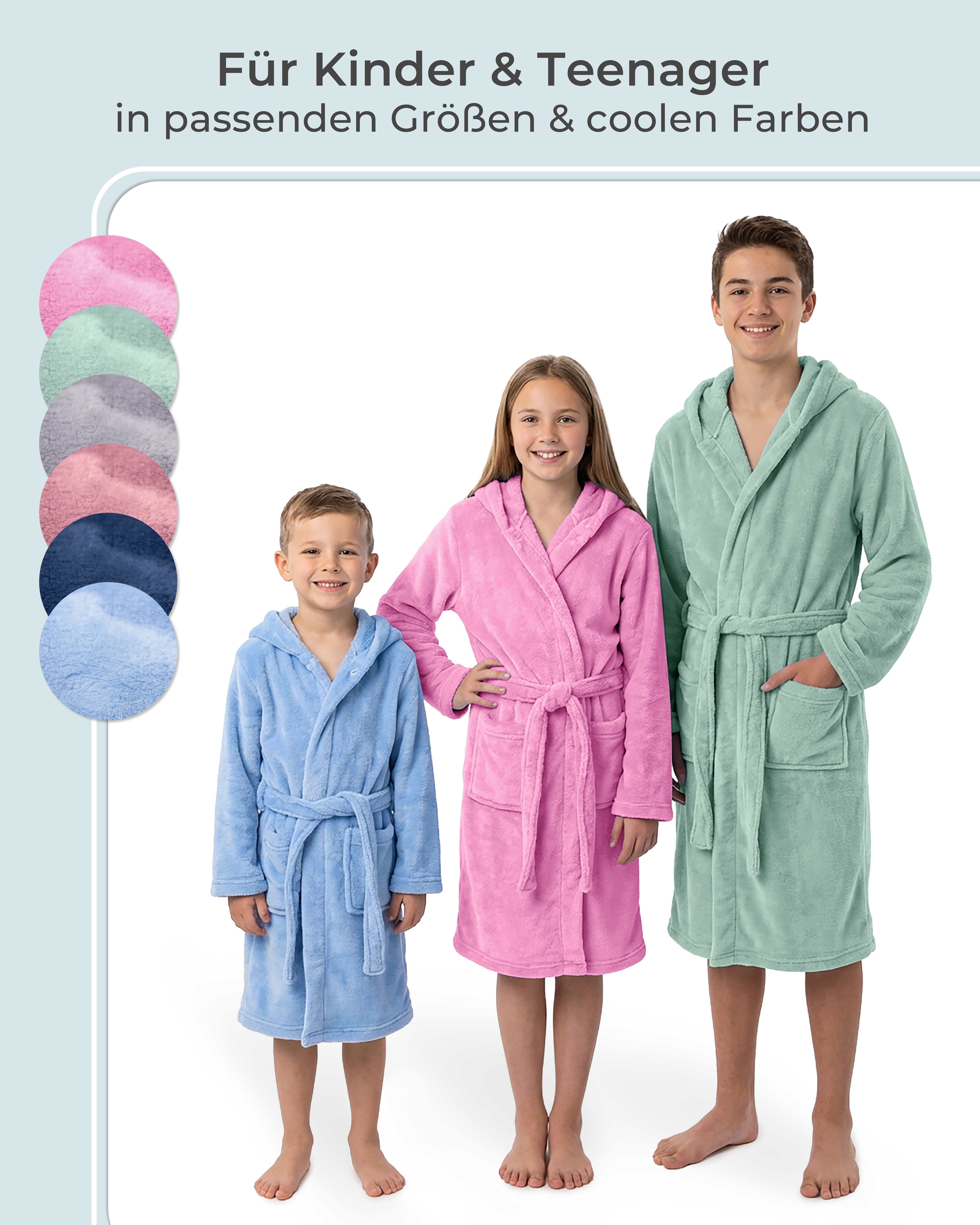 Gräfenstayn Kinderbademantel aus Fleece mit Kapuze & Knopf – Flauschiger Kinder-Bademantel, für Jungen & Mädchen, Größe 134-140